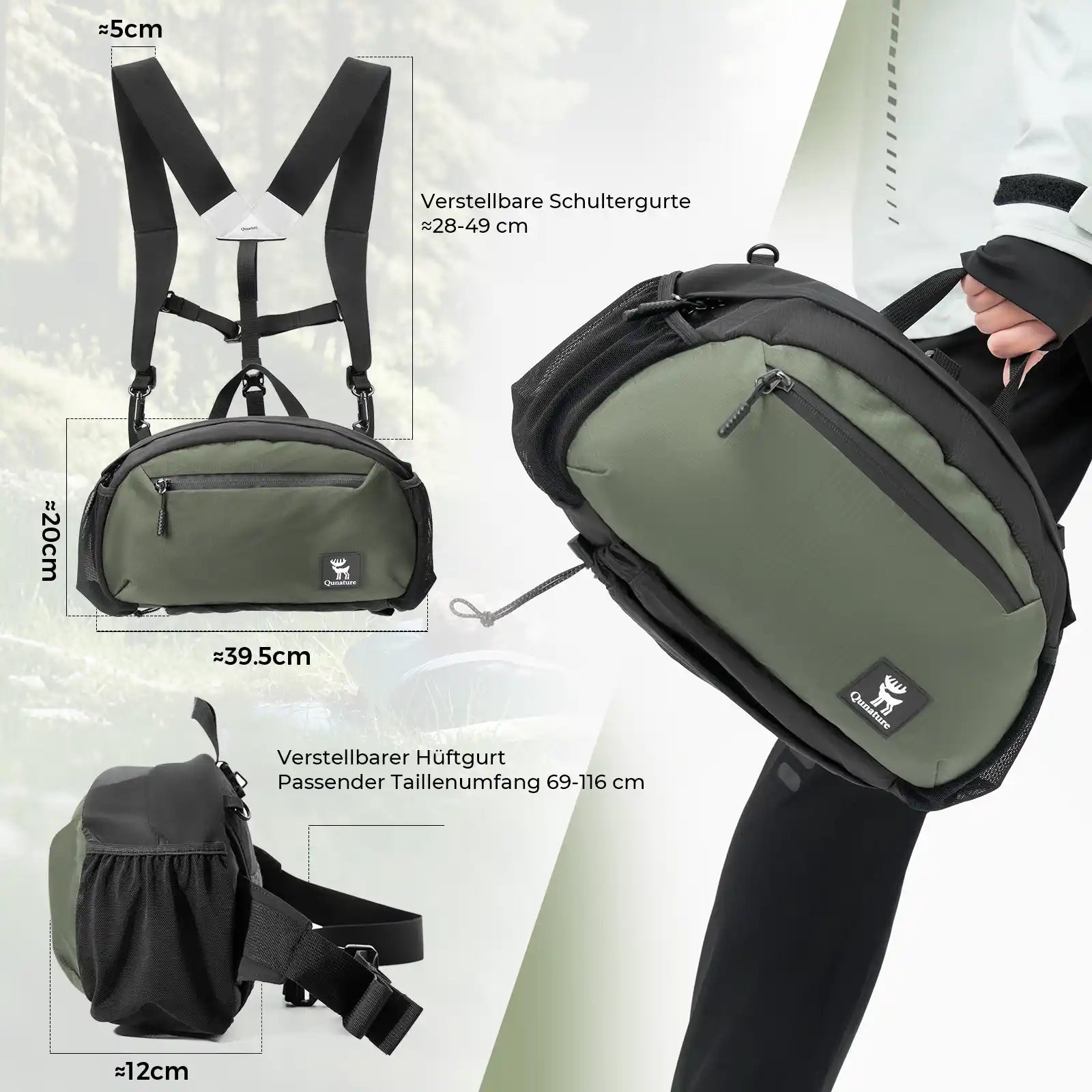 backpack size details with adjustable shoulder and waist straps