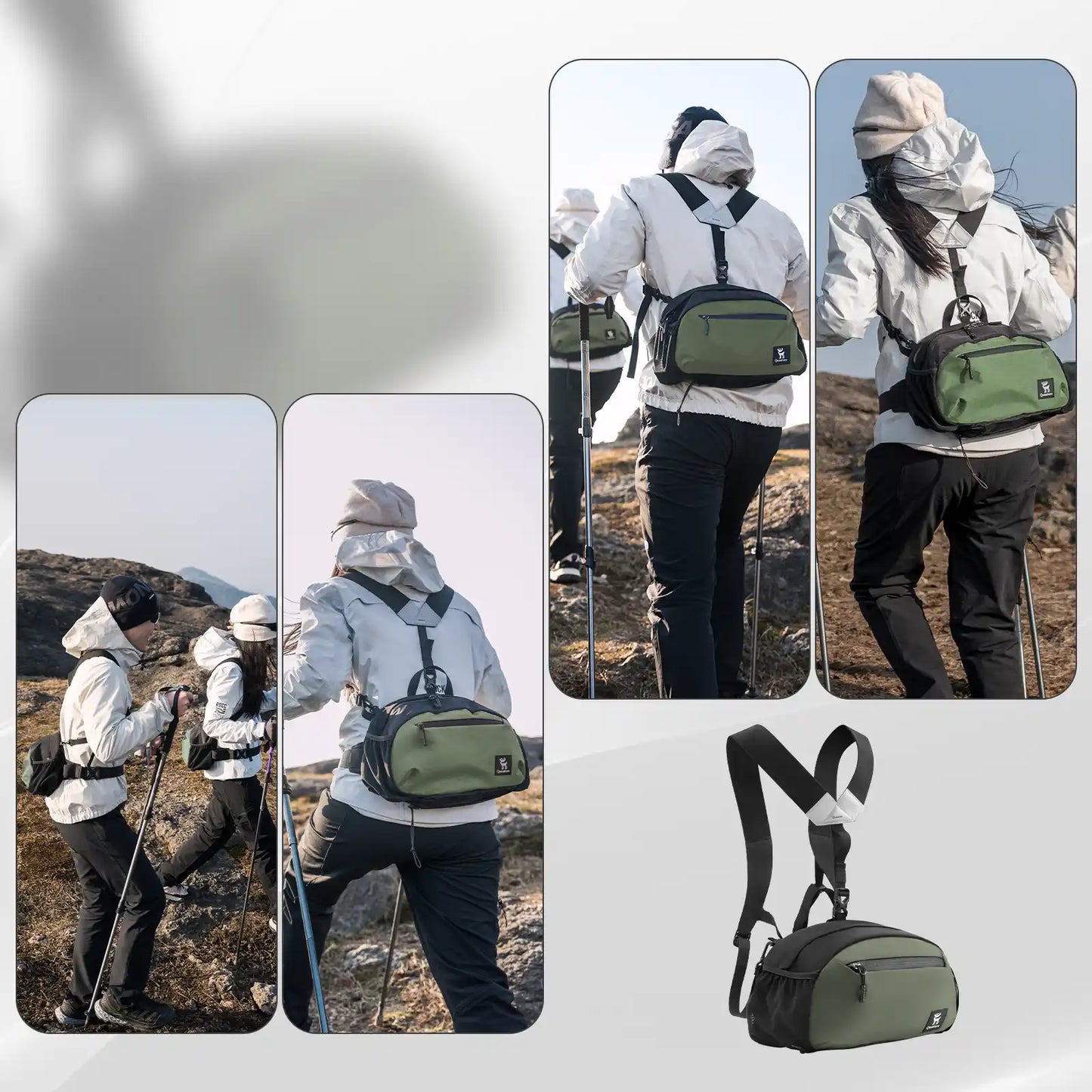 green qunature backpack worn by hikers on mountain trail
