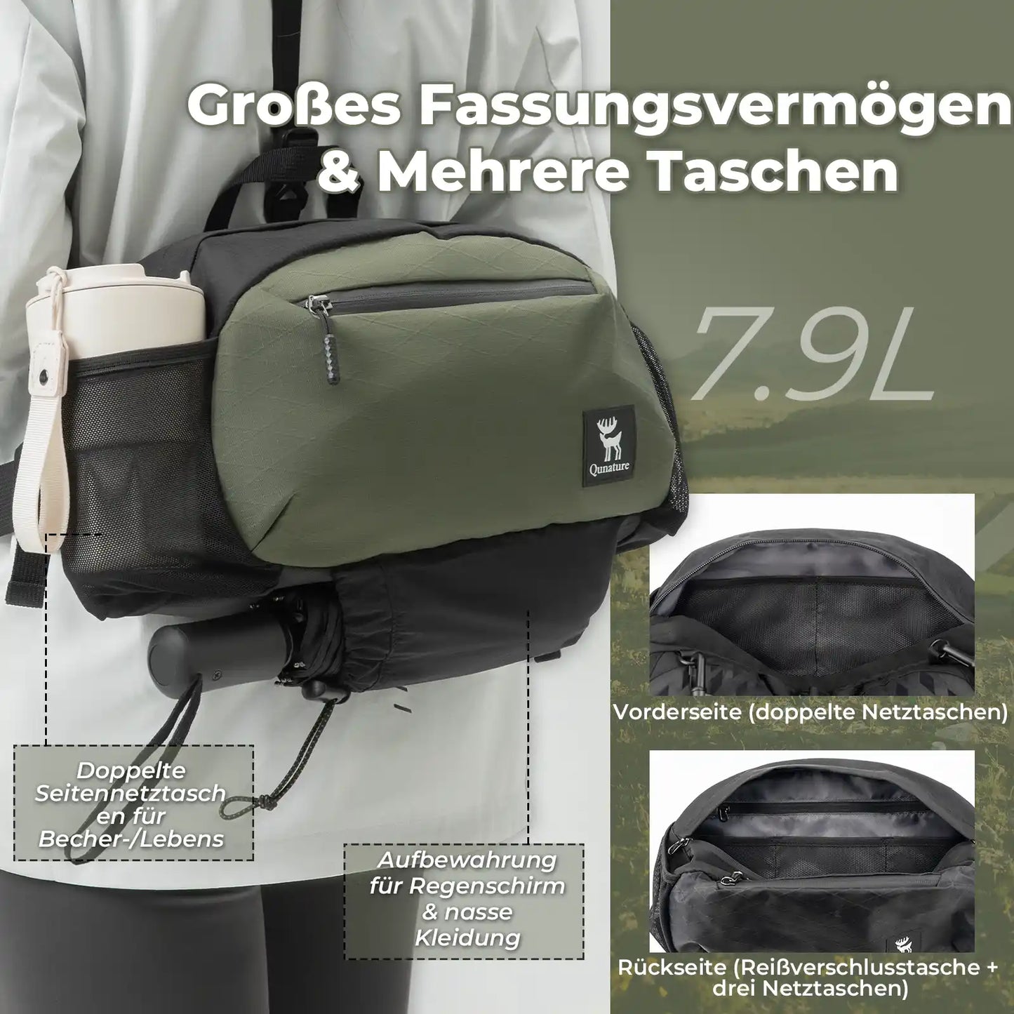 7.9l backpack with multiple pockets for storage