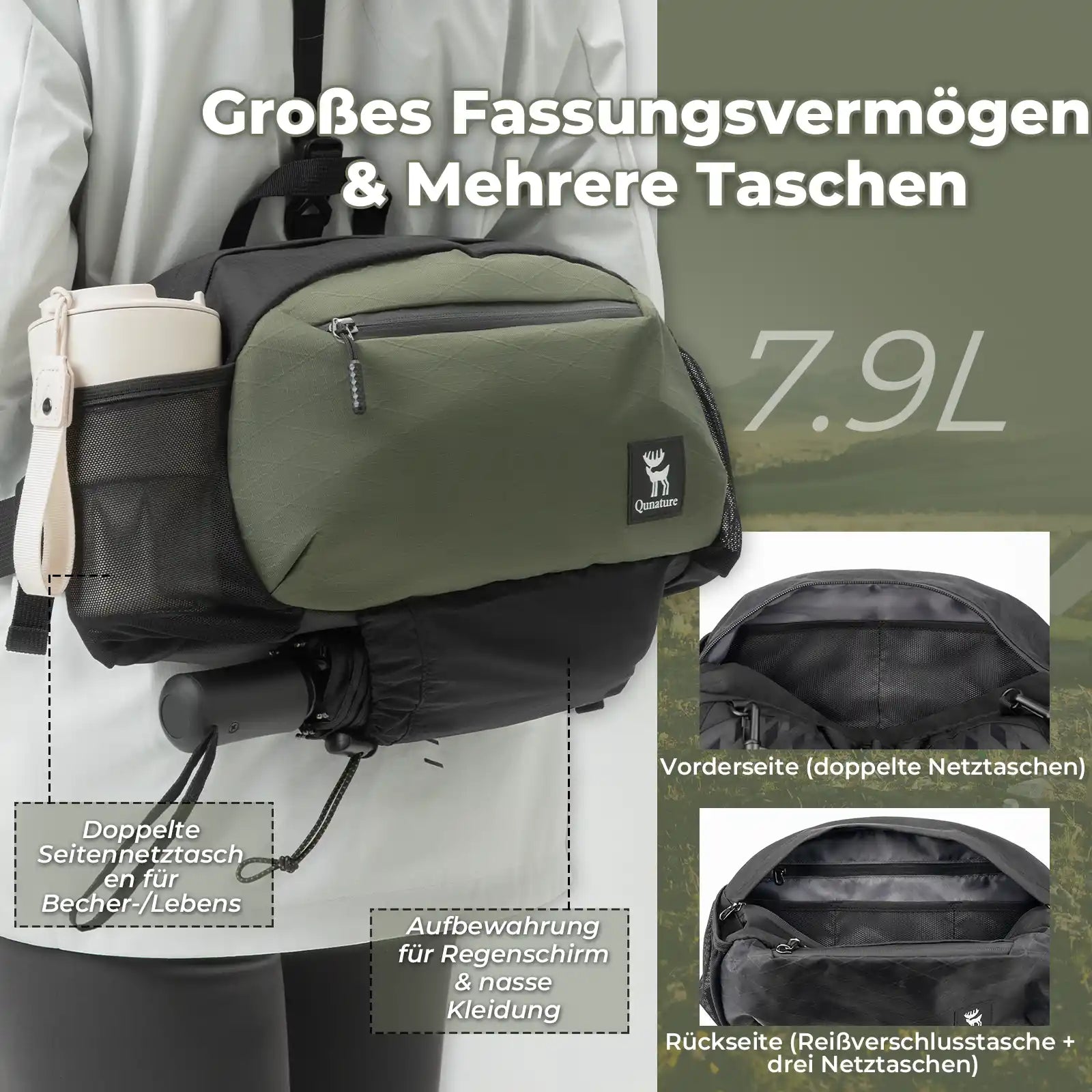 7.9l backpack with multiple pockets for storage