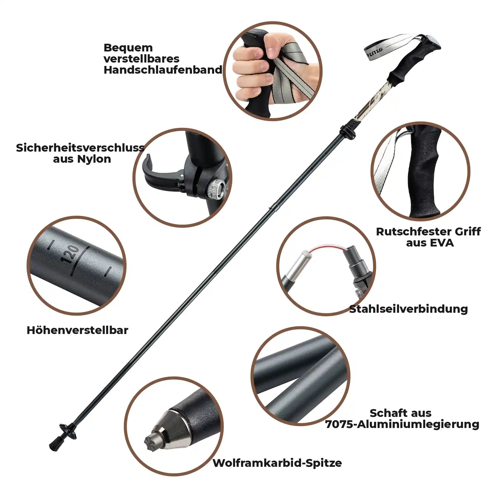 hiking pole with 7075 aluminum shaft and tungsten carbide tip