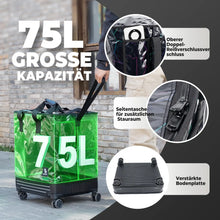 großer 75l trolley mit seitentaschen und reißverschluss-details
