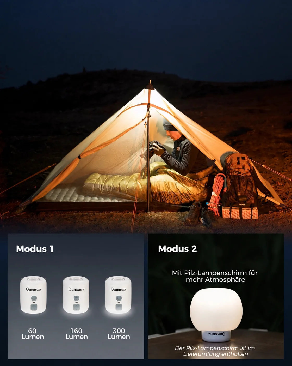 3-in-1 Campingpumpe mit Lampe
