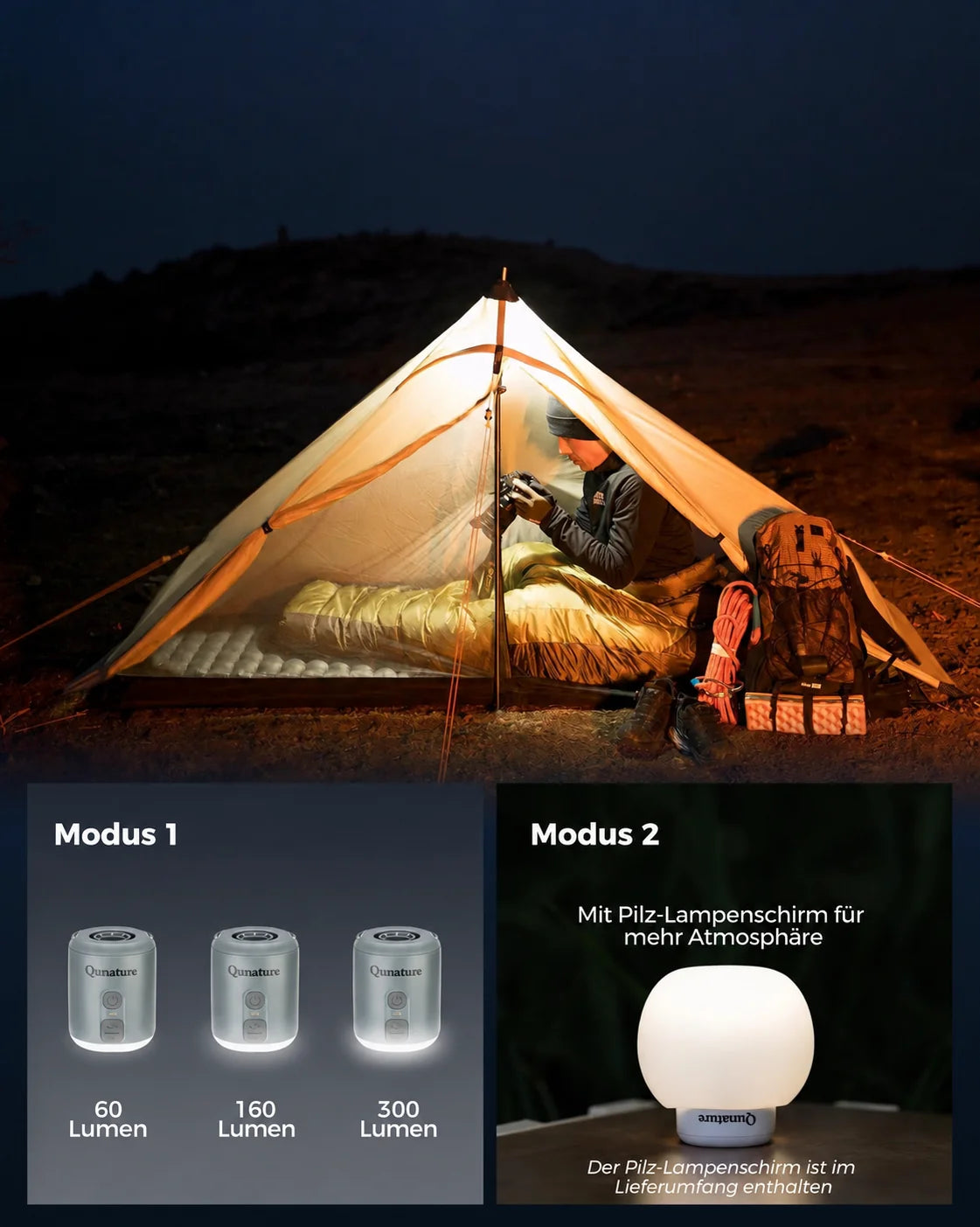 3-in-1 Campingpumpe mit Lampe