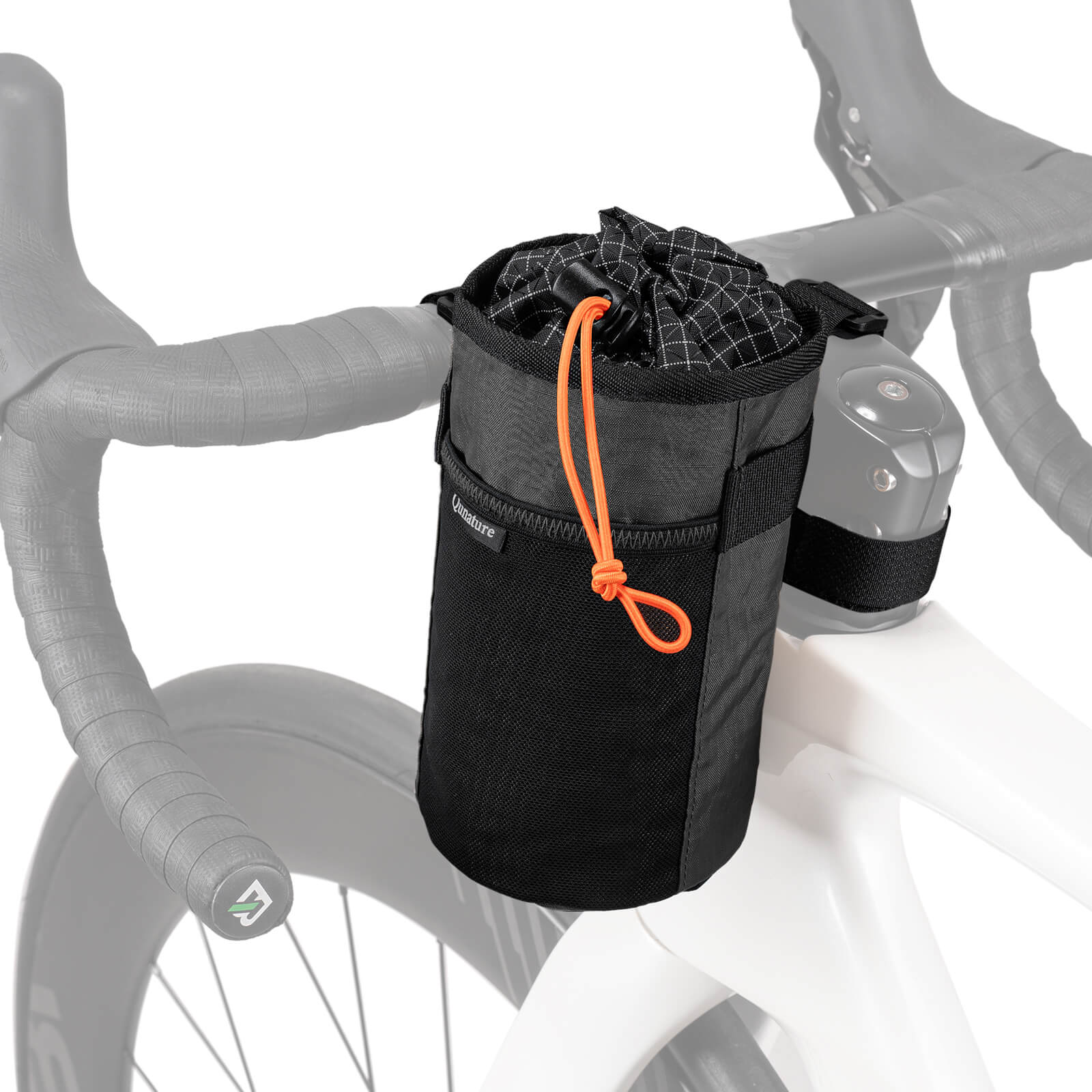 Schwarze Thermotasche für Trinkflaschen am Fahrradlenker mit orangener Zugschnur