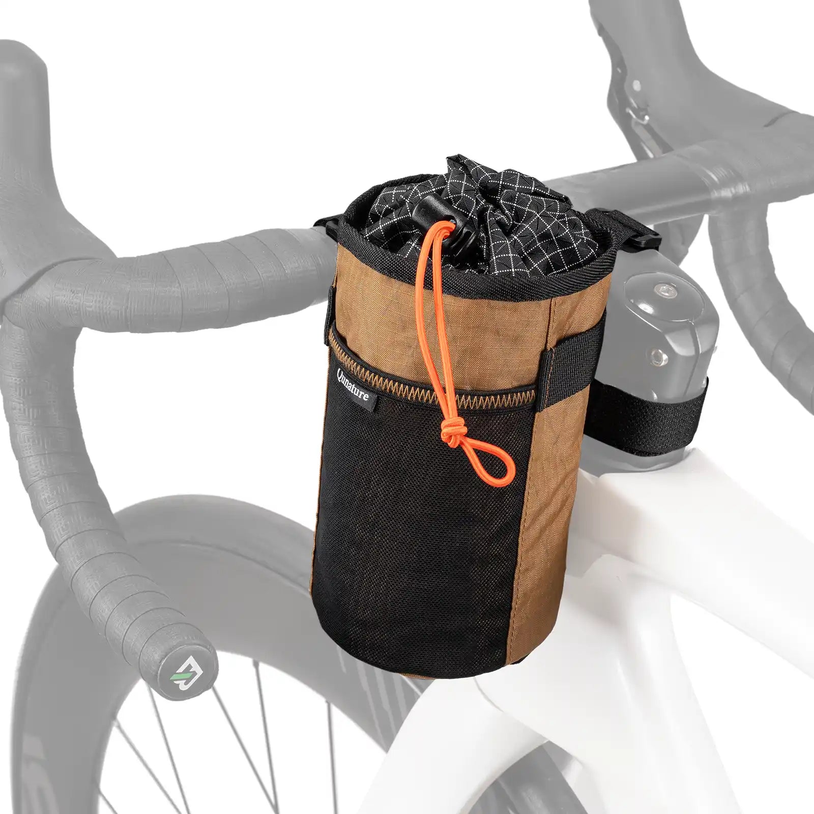 Braune Thermotasche für Trinkflaschen am Fahrradlenker mit praktischer Zugverschluss