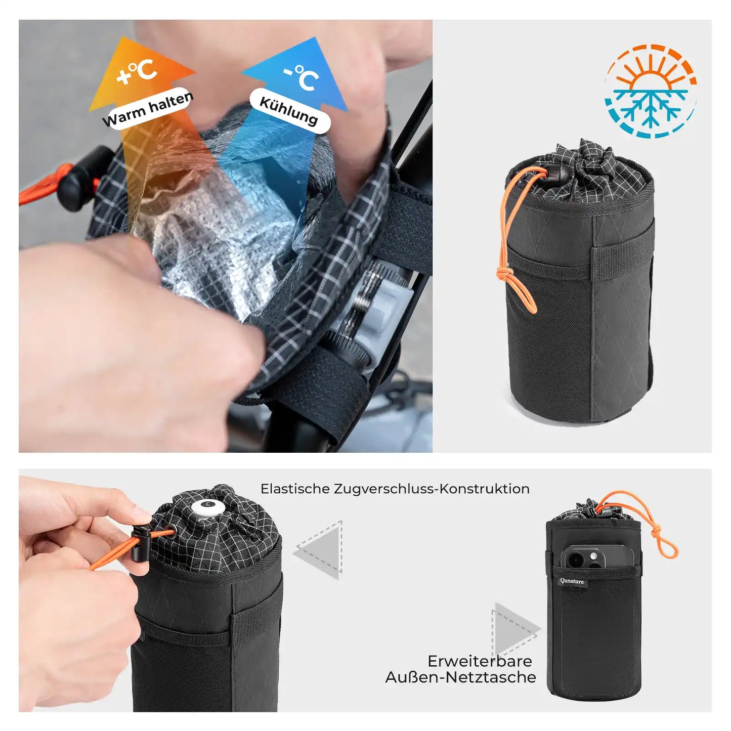 Schwarze Thermotasche für Trinkflaschen, Isolierung und Funktionsdetails