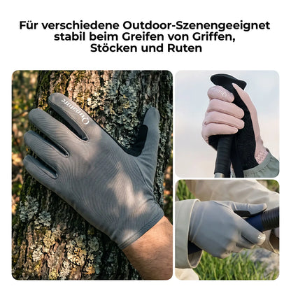 collage mit handschuhen beim greifen von baumstamm und wanderstöcken