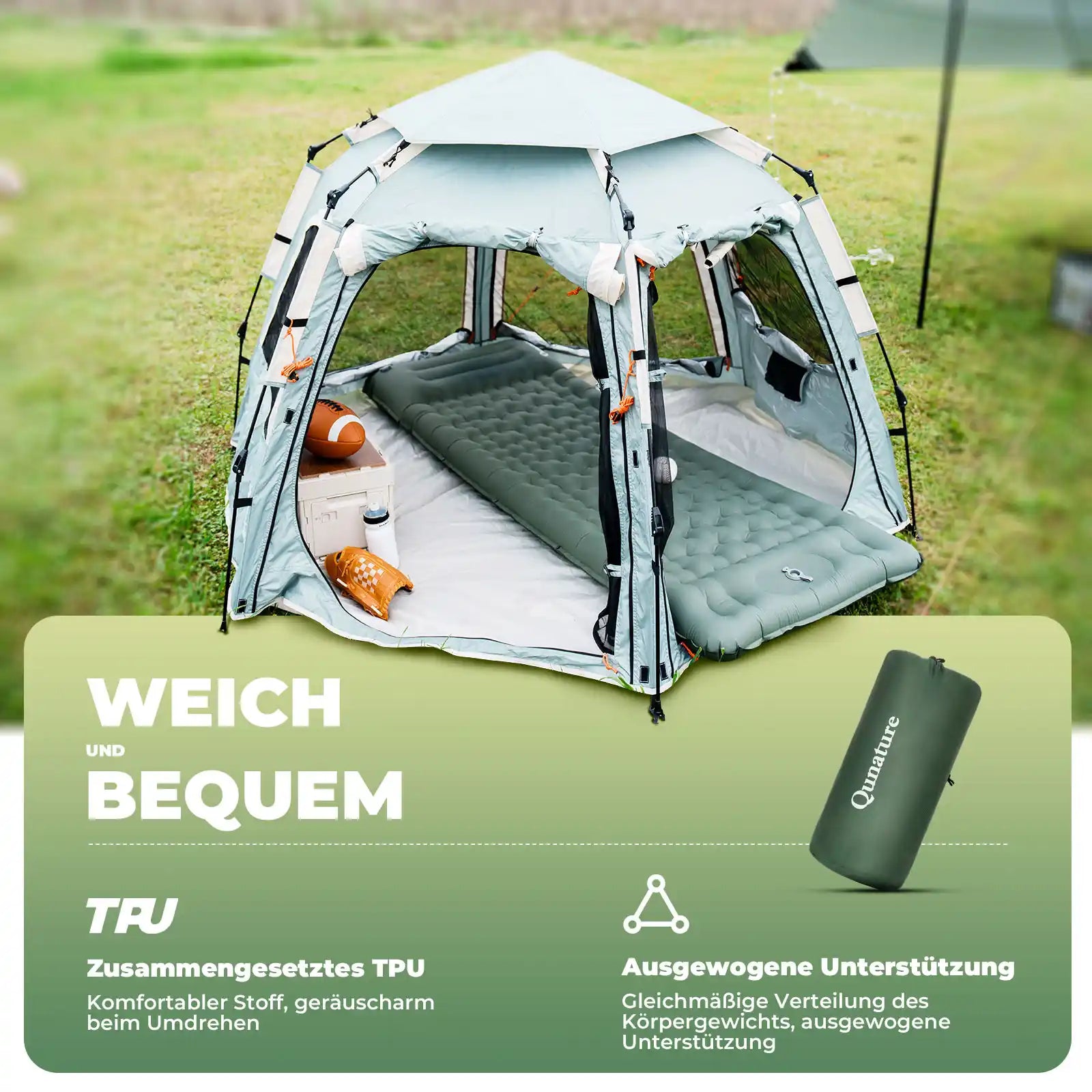 gruene schlafmatte im zelt mit weichem tpu material
