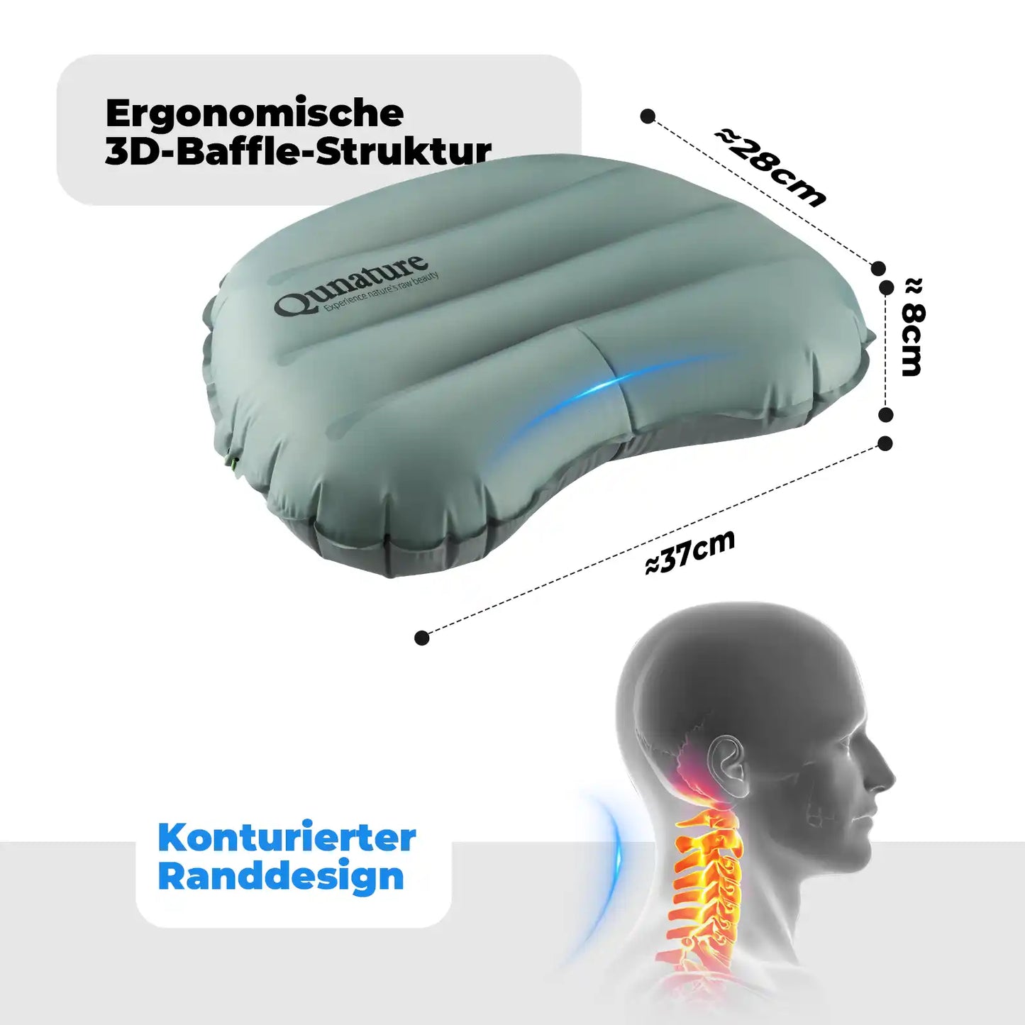 graues aufblaskissen mit ergonomischer 3d-struktur und maßen