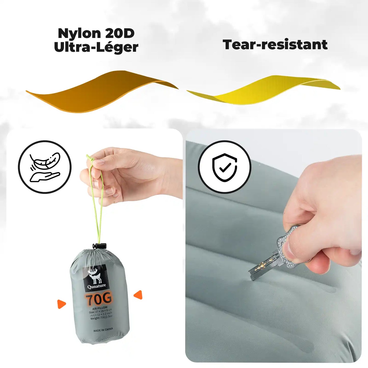 aufblaskissen aus 20d nylon, reissfest und nur 70g leicht