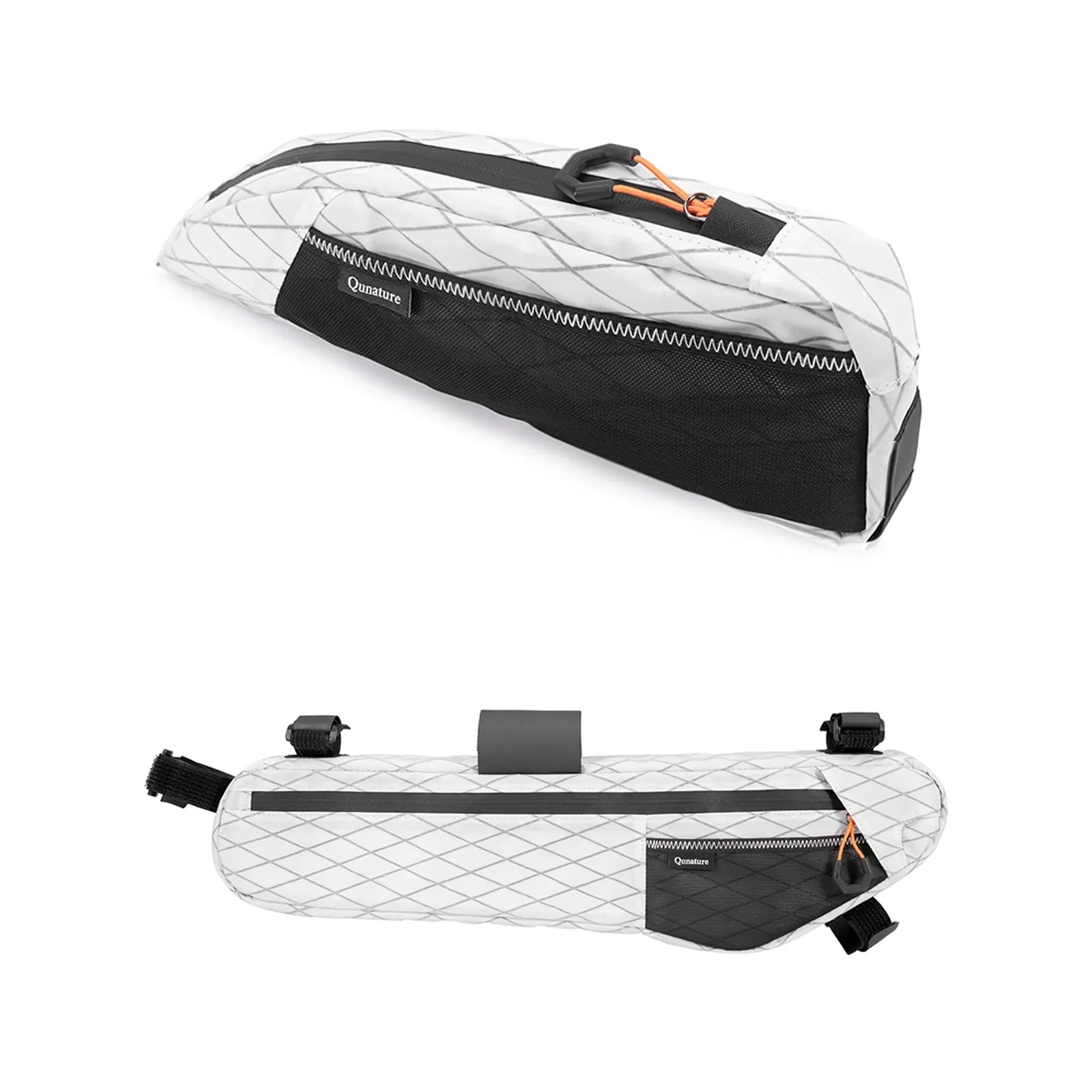 weiße fahrradoberrohrtasche mit rautenmuster und schwarzem mesh-einsatz