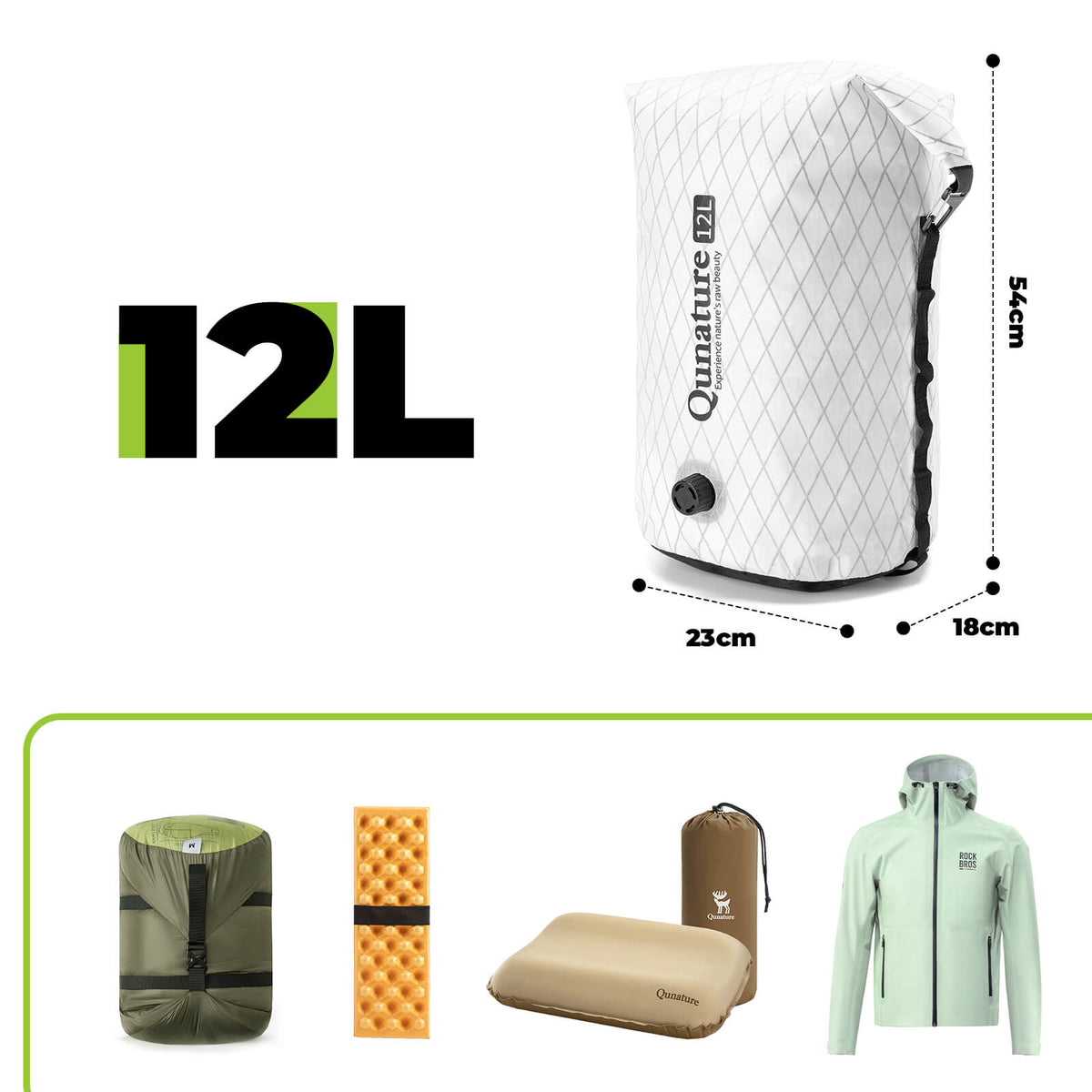 H63 Kompressionstasche – Maßangaben – Schwarz / Weiß / 12L