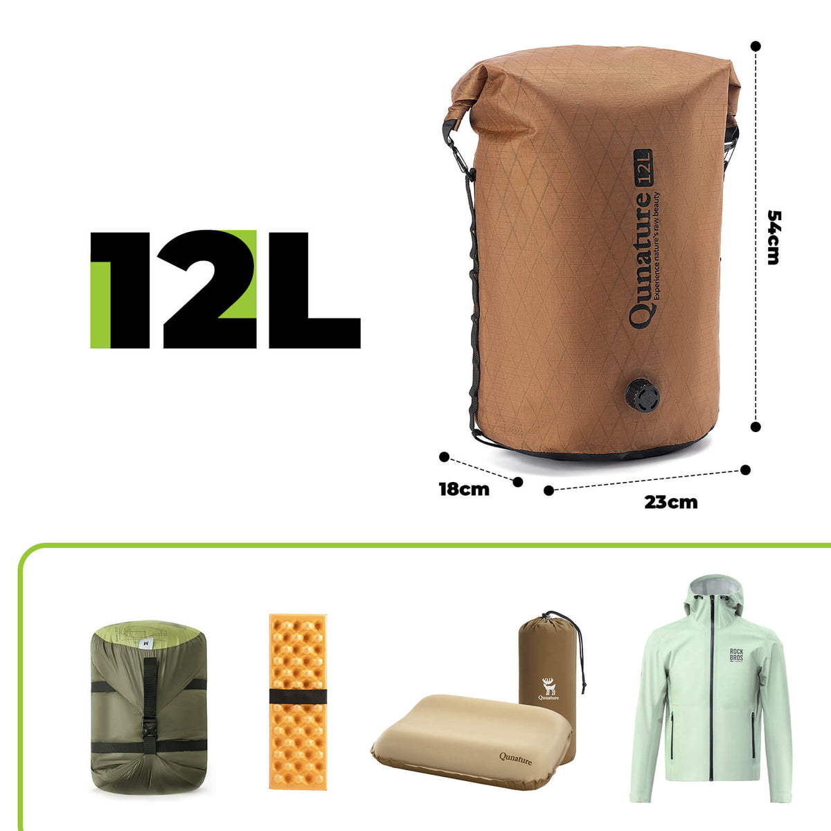 H63 Kompressionstasche – Maßangaben – Schwarz / Khaki / 12L