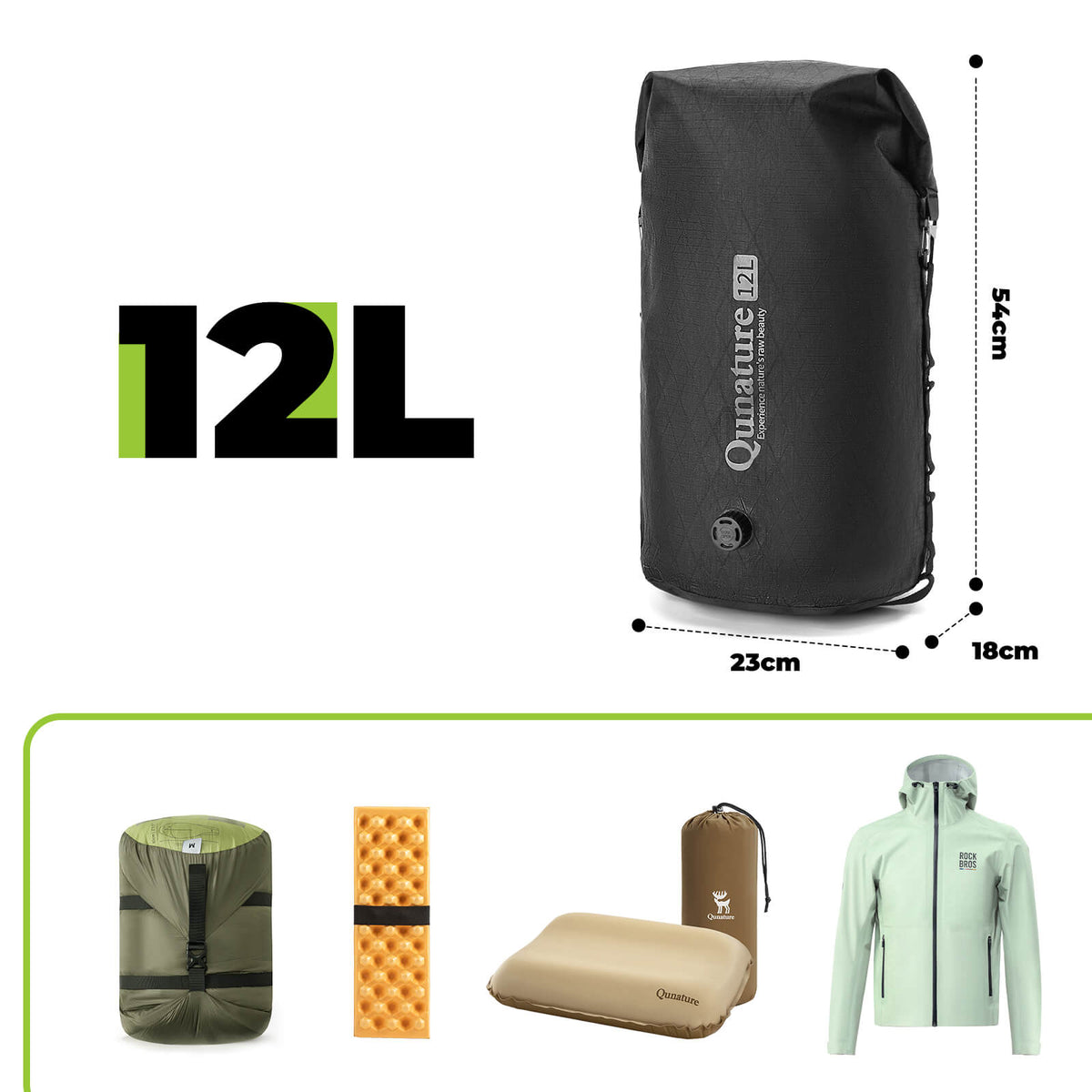 H63 Kompressionstasche – Maßangaben – Khaki / Schwarz / 12L