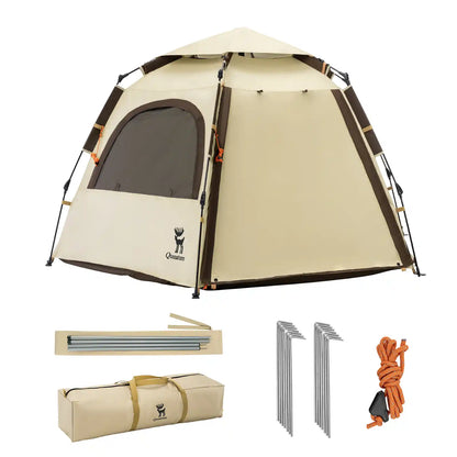 beige camping zelt mit stabern, seilen und transporttasche
