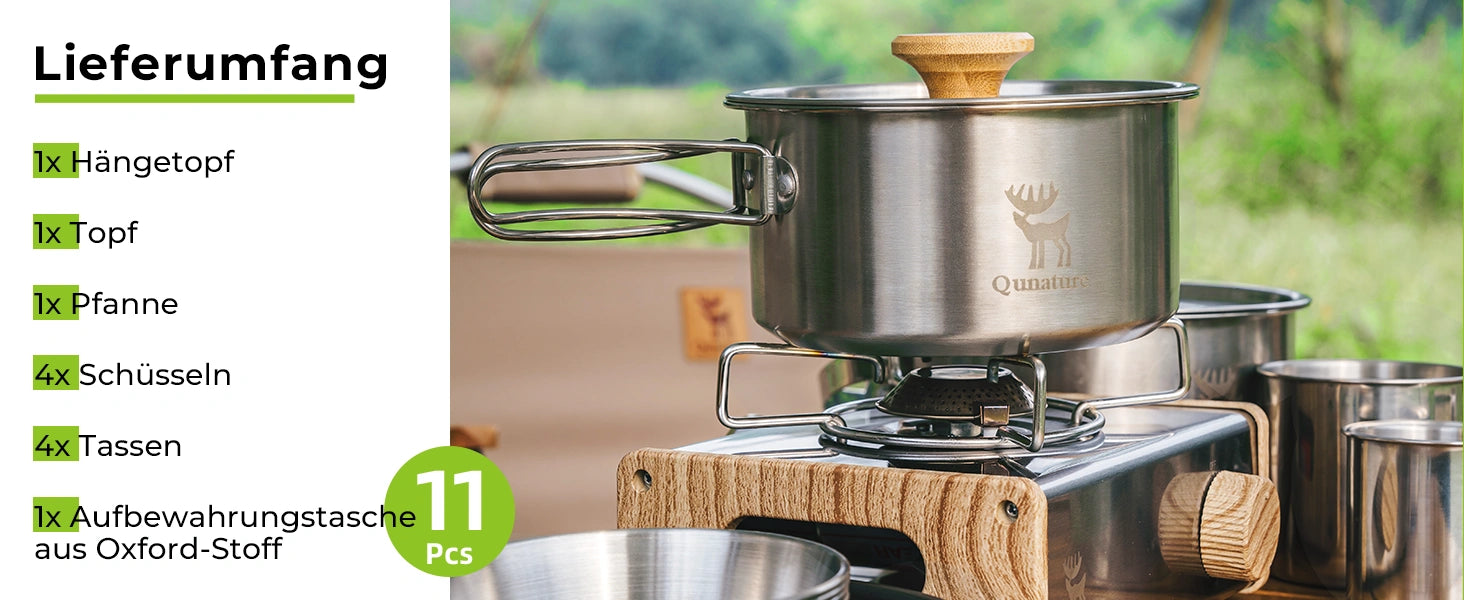 lieferumfang des campingkochgeschirrsets, neben dem kocher dargestellt