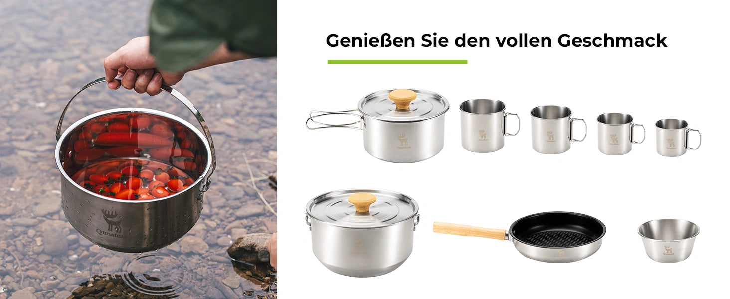 edelstahl campingkochgeschirr wird in einem bach gespült, mit dem gesamten set daneben