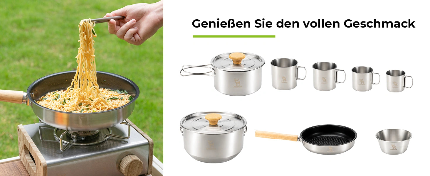 campingpfanne kocht nudeln im freien, das komplette kochgeschirrset wird angezeigt