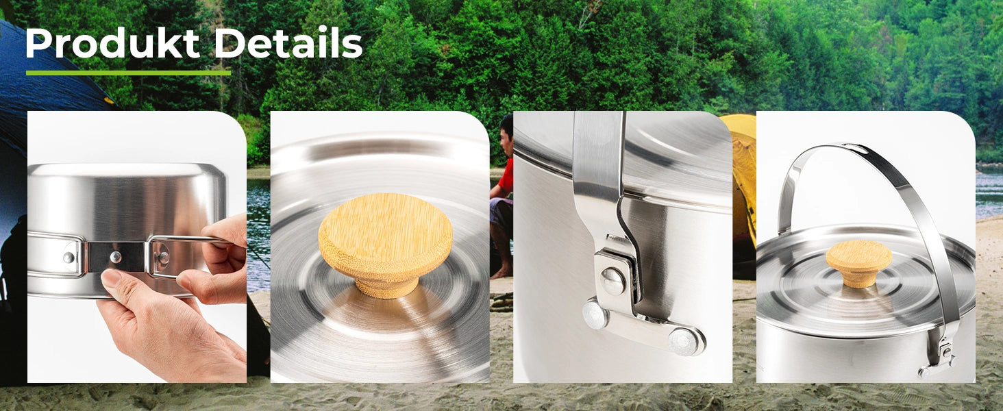 close-up details of foldable handle wooden knob and hinge of camping pots