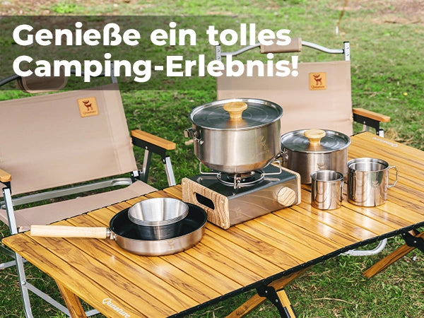 camping kochgeschirr set mit pfanne und topf im freien