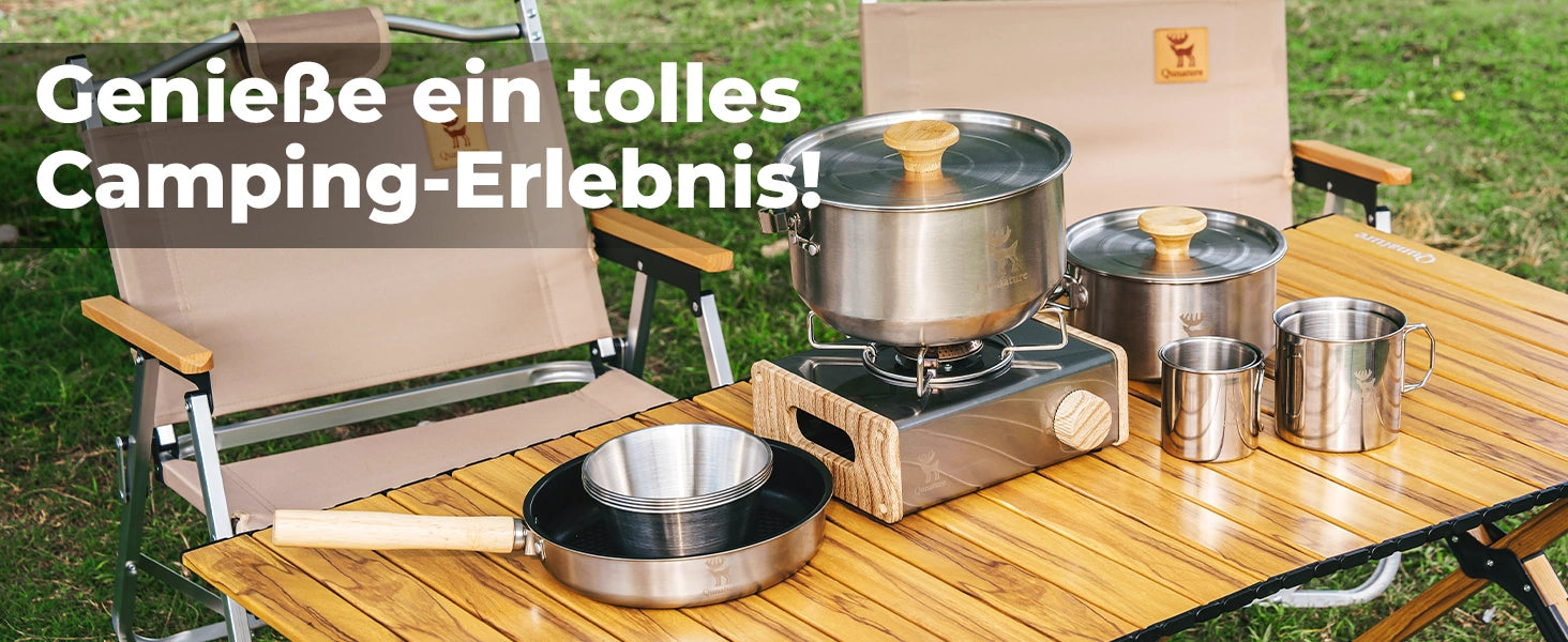 camping kochgeschirr set mit pfanne und topf im freien