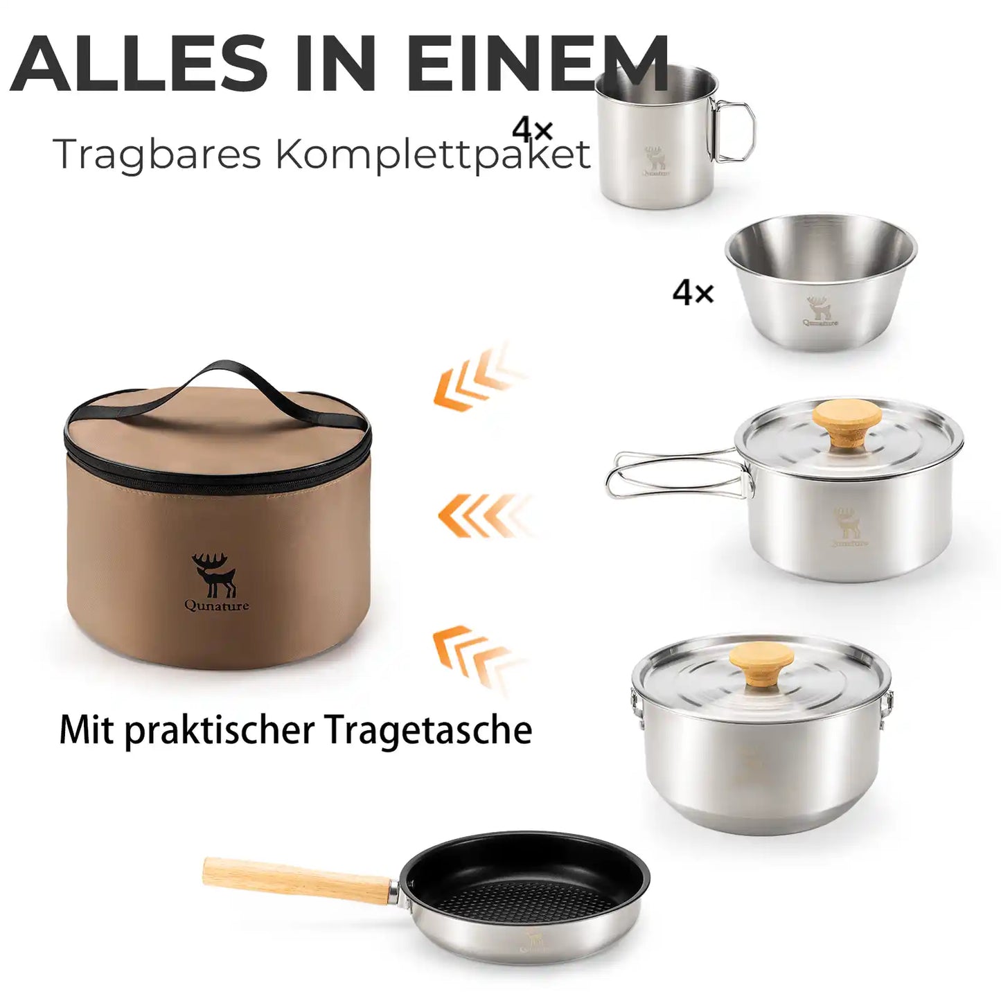 tragbares camping kochset alles in einem mit toepfen, schalen, bechern und tasche
