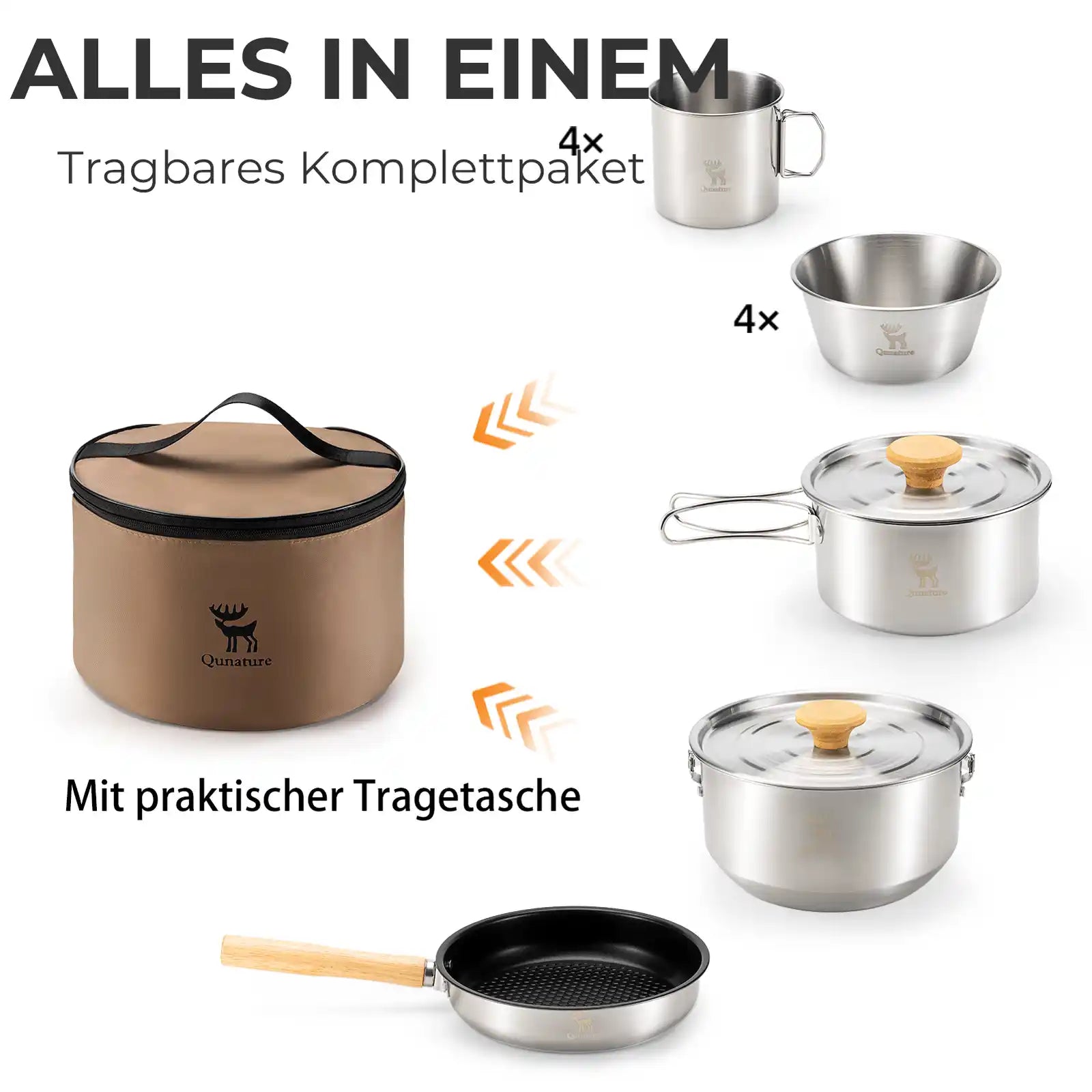 tragbares camping kochset alles in einem mit toepfen, schalen, bechern und tasche