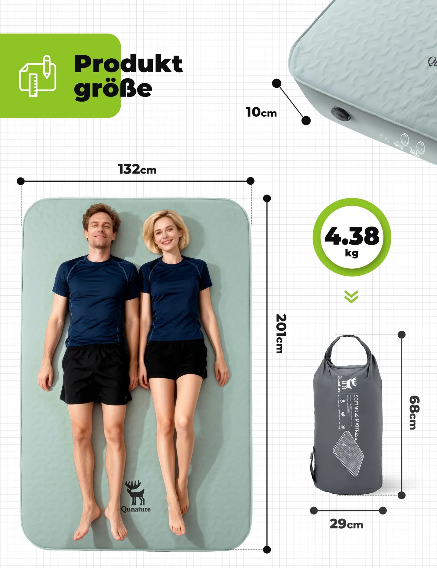 camping luftmatratze doppel gruen mit masse 201x132x10 cm und gewicht 4,38 kg