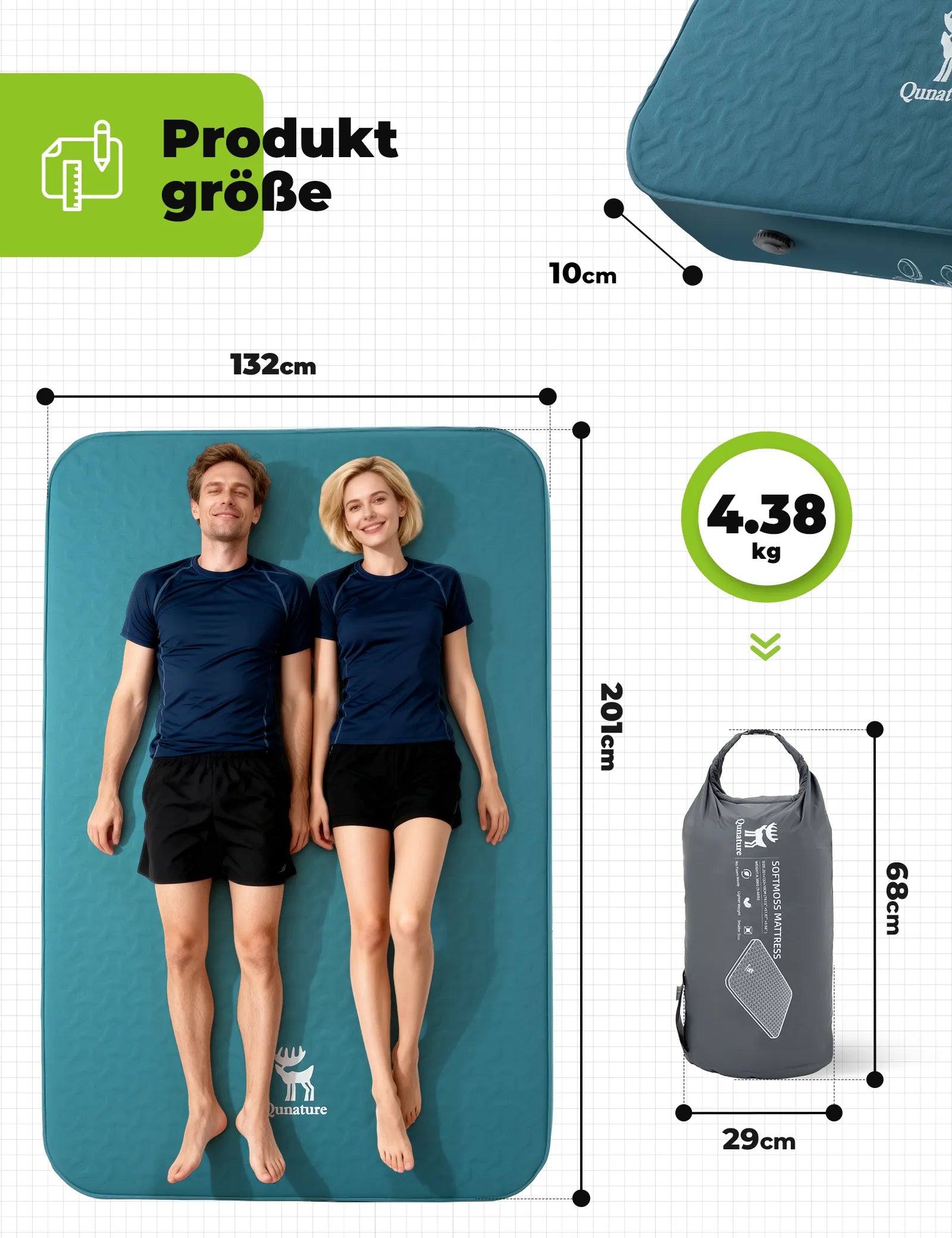camping luftmatratze doppel tuerkis mit masse 201x132x10 cm und gewicht 4,38 kg