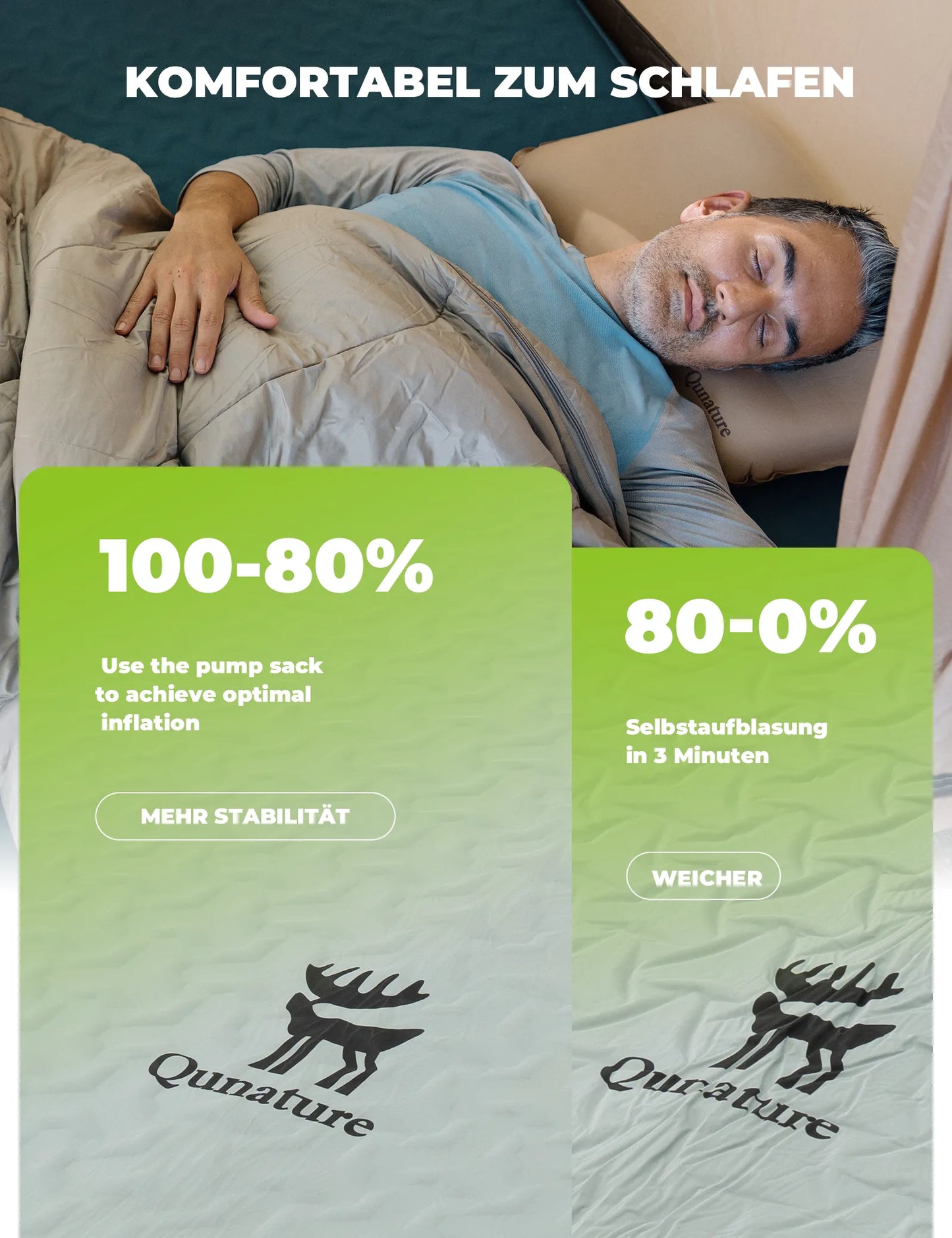 camping luftmatratze einzeln grau mit einstellbarer festigkeit 100-80% und 80-0%