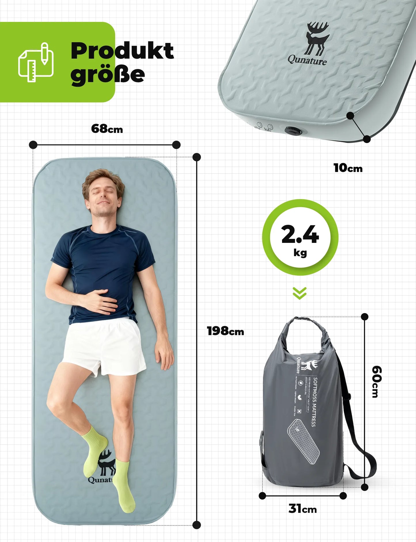 camping luftmatratze einzeln mit masse 198x68x10 cm und gewicht 2,4 kg