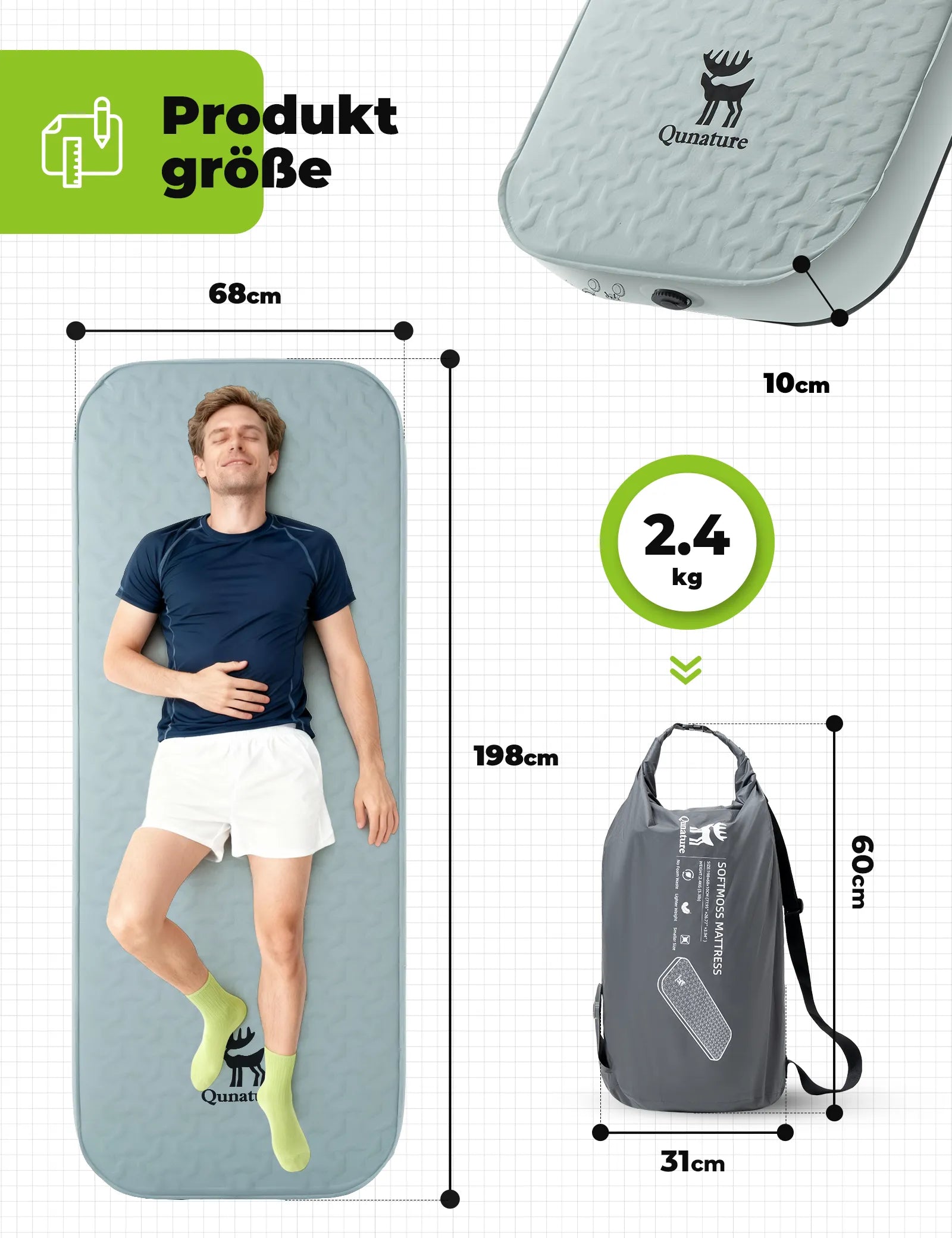 camping luftmatratze einzeln mit masse 198x68x10 cm und gewicht 2,4 kg