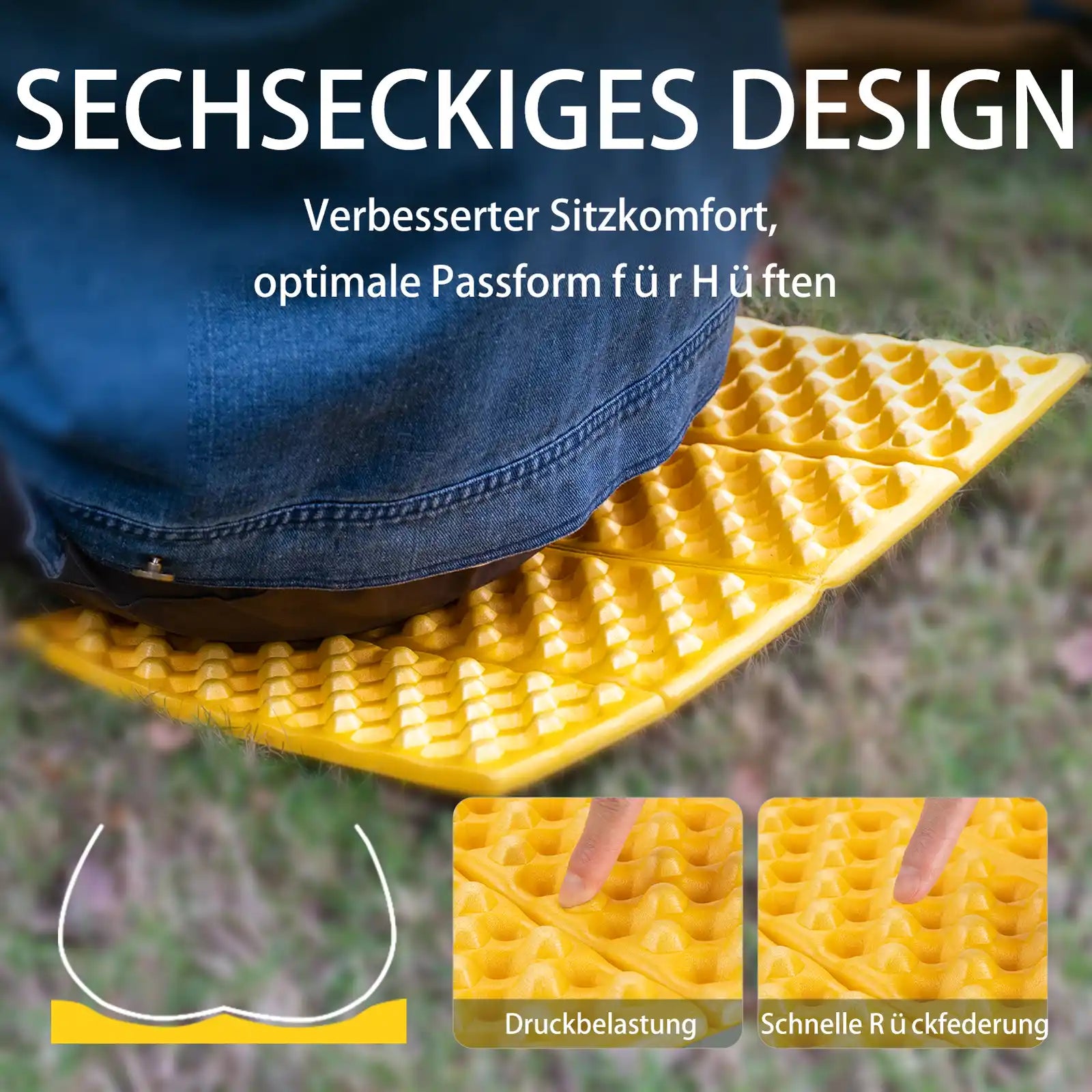 gelbe camping sitzmatte mit sechseckigem design
