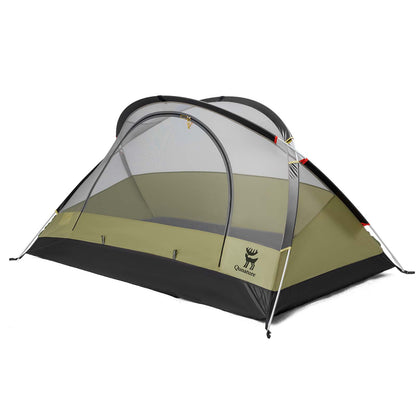 olivgrünes und schwarzes camping zelt mit doppelter schicht