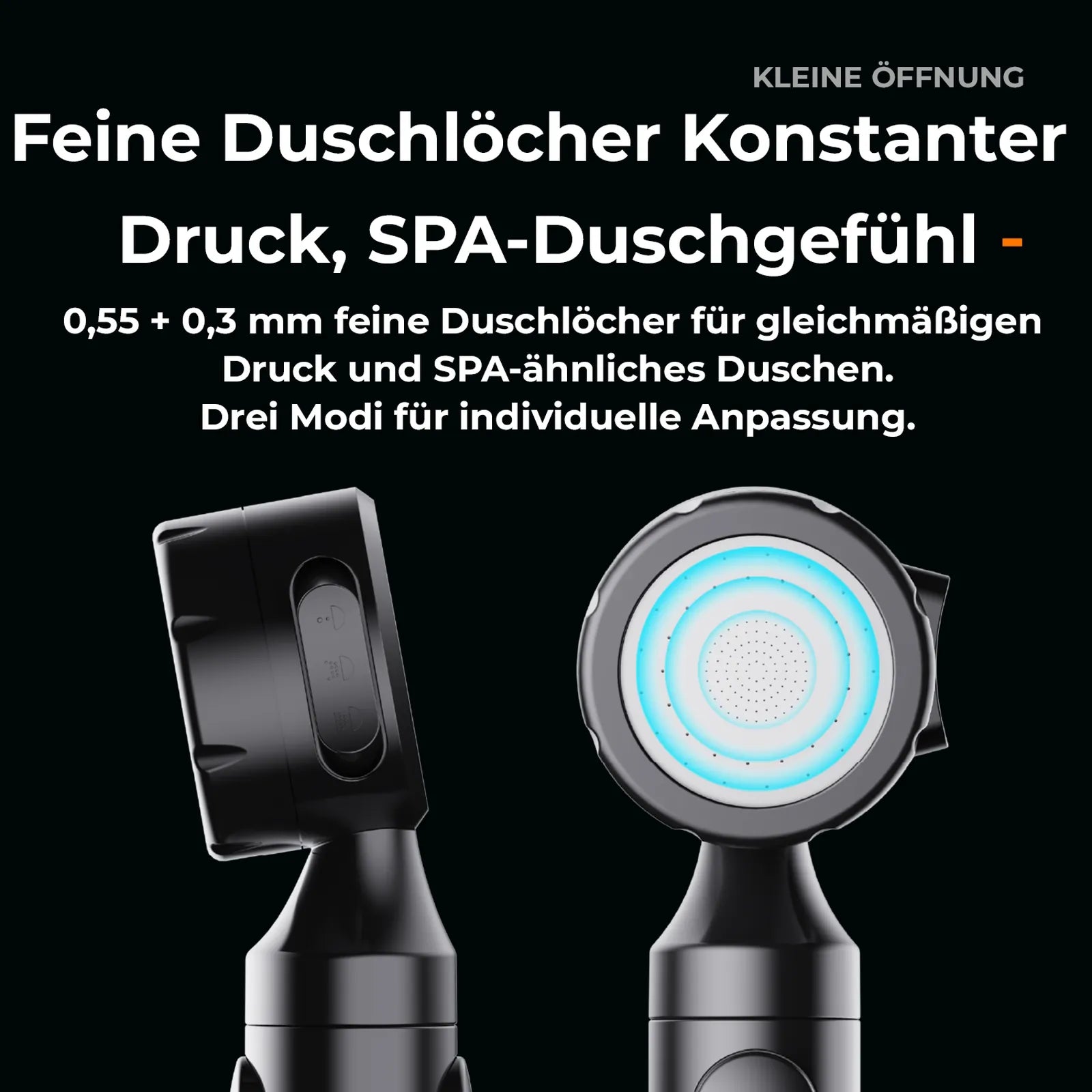 nahaufnahme des handduschkopfs mit feinen sprühdüsen und modusknopf