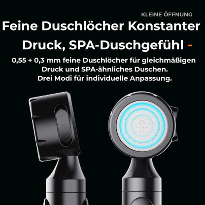 nahaufnahme des handduschkopfs mit feinen sprühdüsen und modusknopf