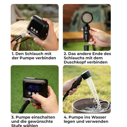 übersicht der fünf nutzungsarten für die tragbare campingdusche im freien