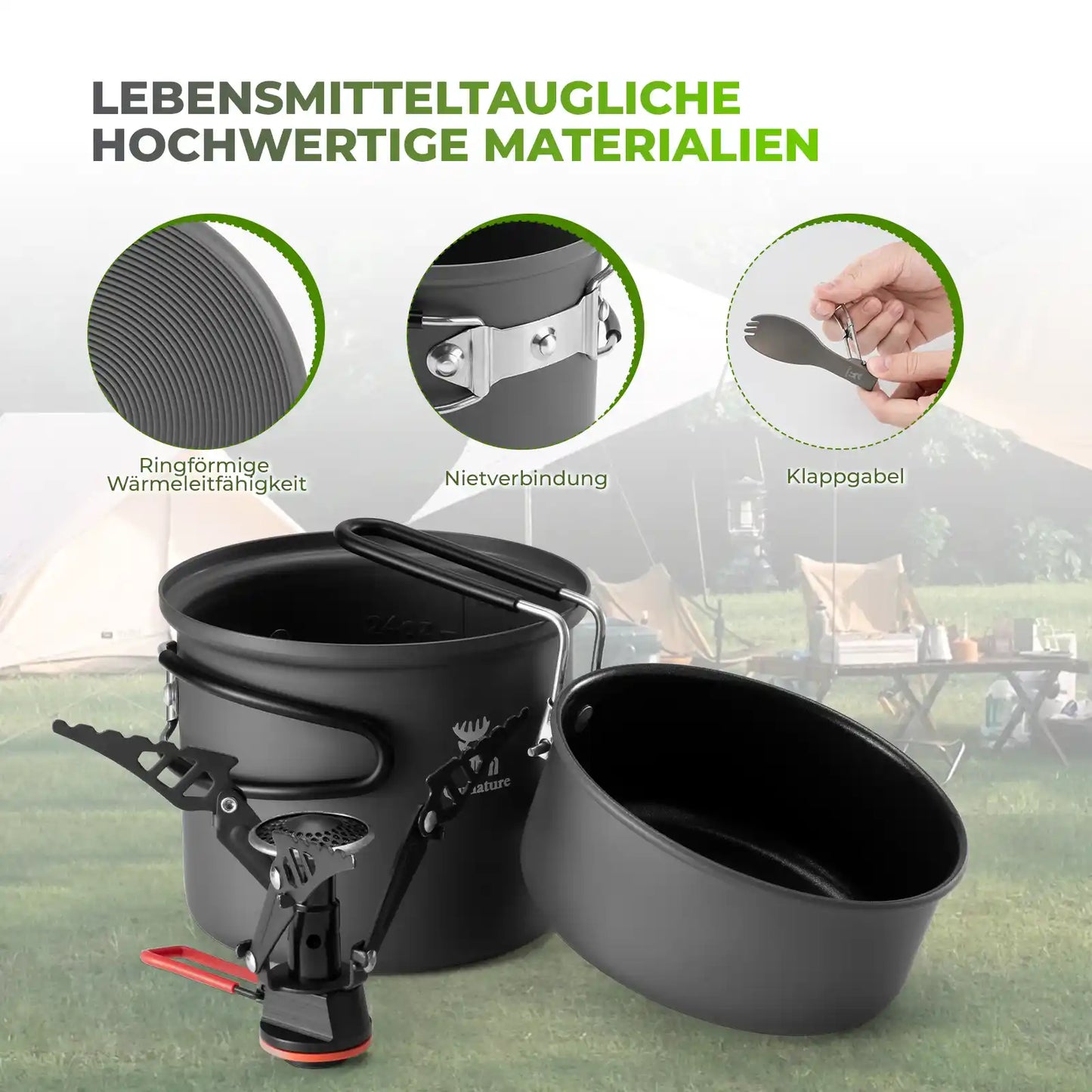lebensmittelechtes campinggeschirr mit guter waermeleitfaehigkeit und haltbarer konstruktion