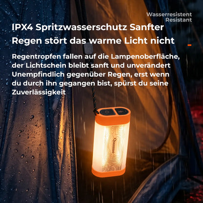 campinglampe h채ngend an zeltgewebe im regen ipx4 schutz