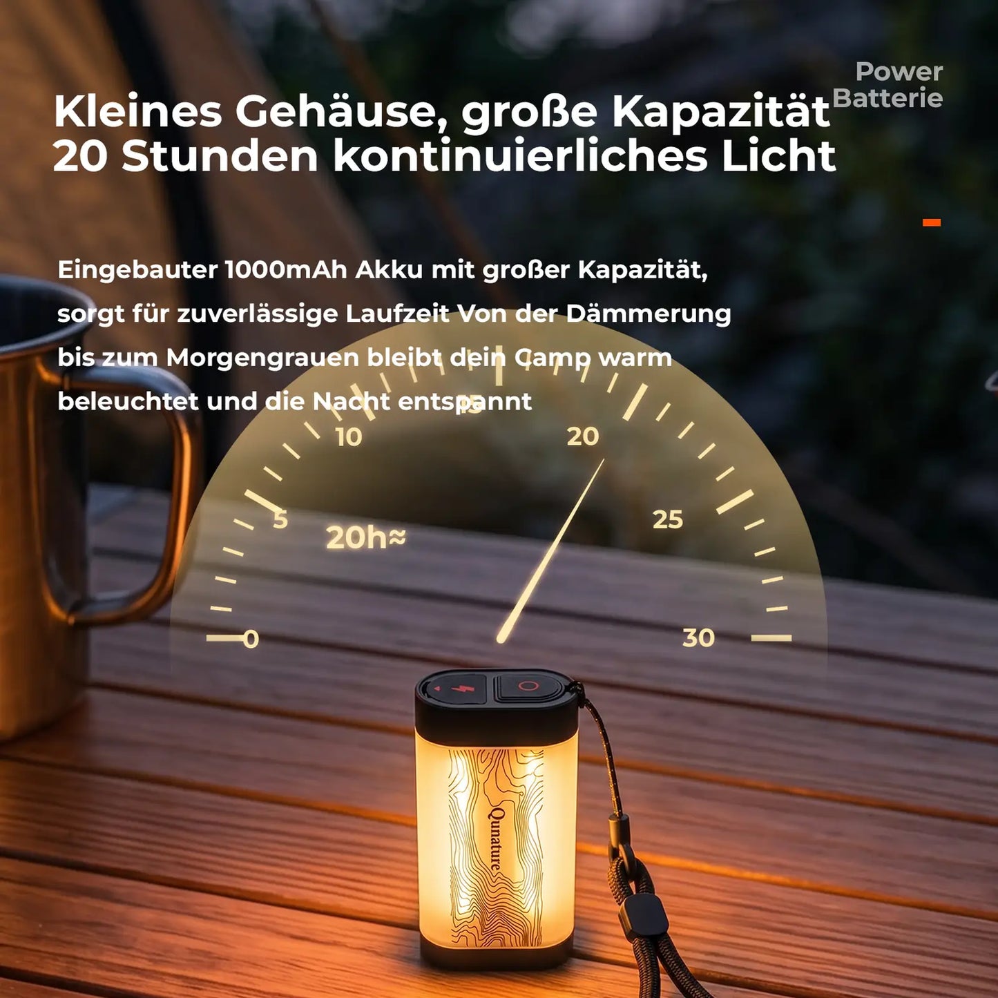 mini campinglampe auf holztisch vor zelt mit 1000mah akku
