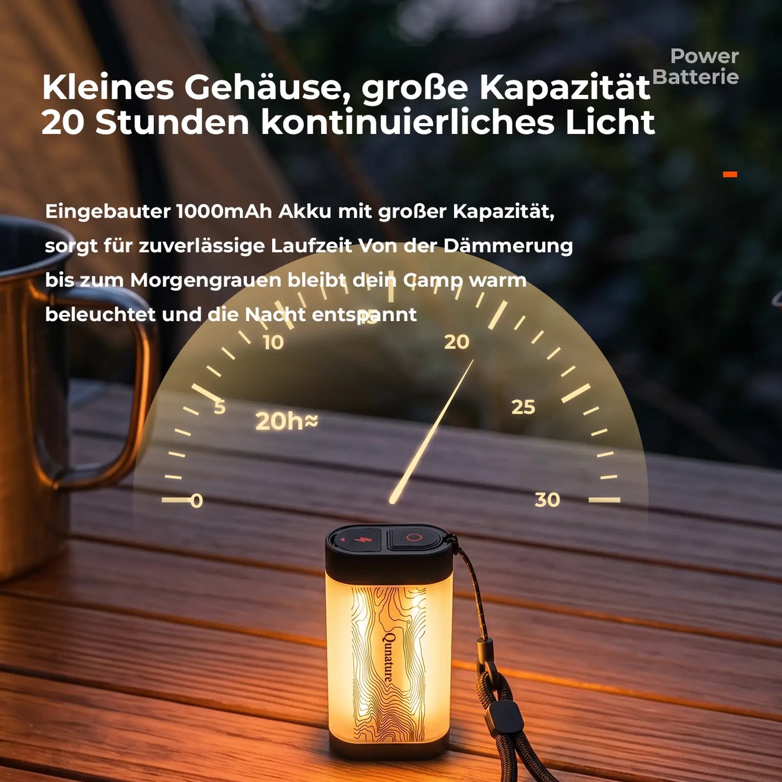 mini campinglampe auf holztisch vor zelt mit 1000mah akku
