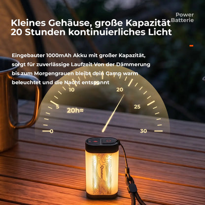 mini campinglampe auf holztisch vor zelt mit 1000mah akku