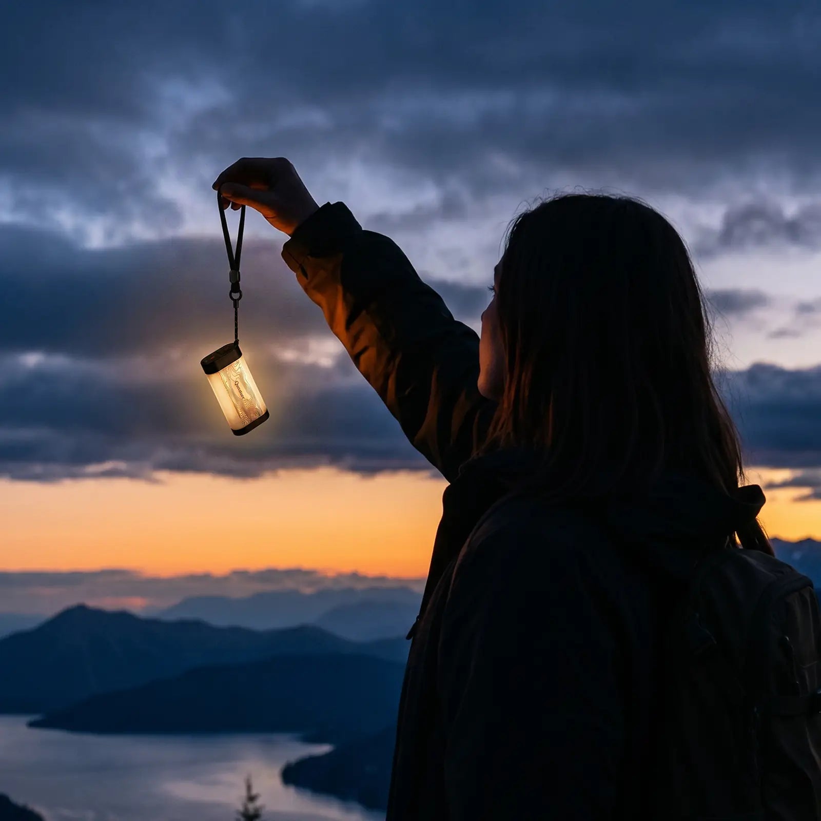 hand h채lt kleine magnetcampinglampe mit berg und see im hintergrund bei sonnenuntergang