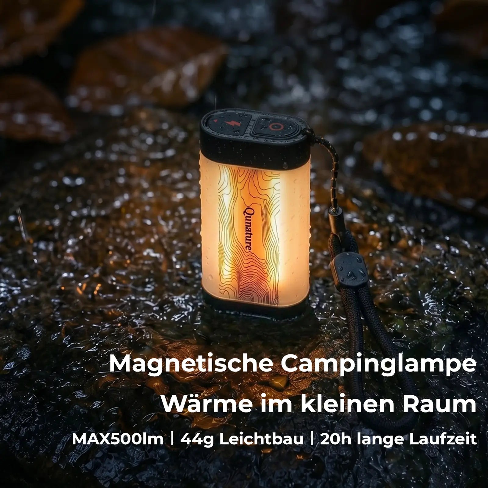 magnetische campinglampe mit ipx4 wasserschutz auf nassem stein im regen