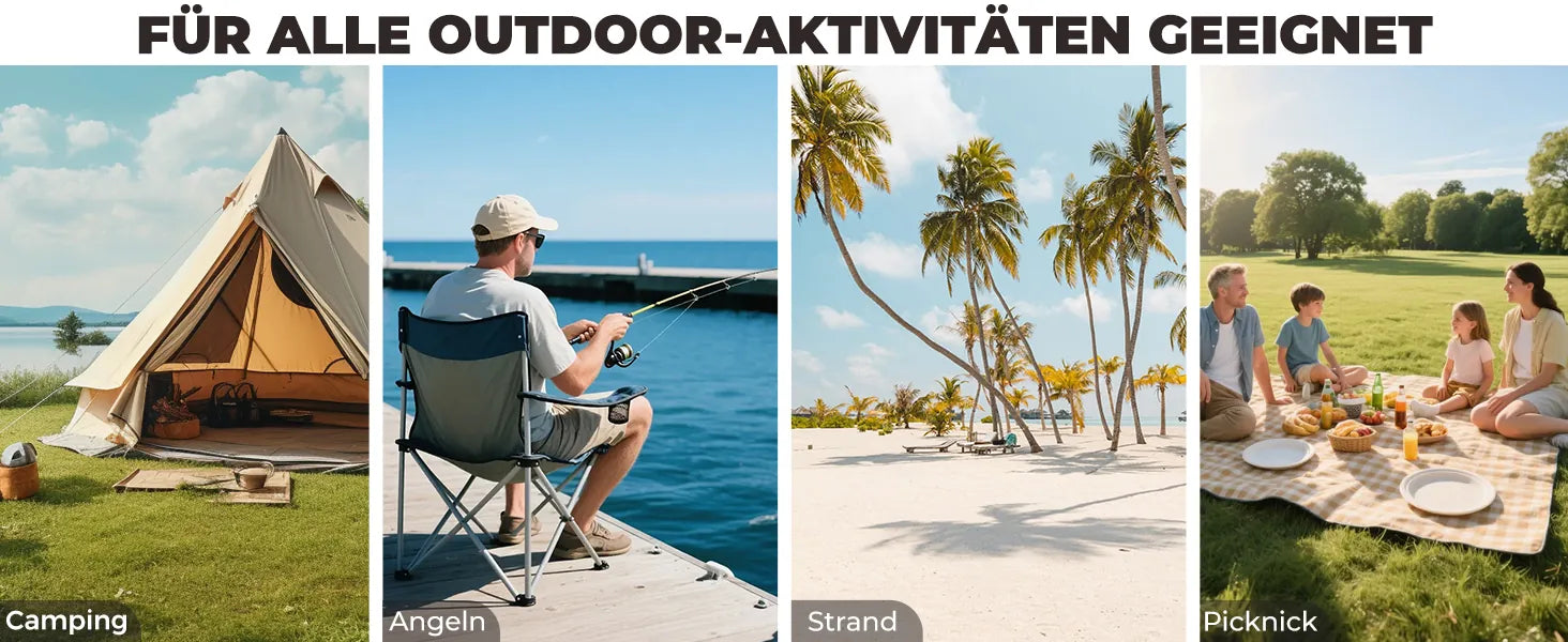 vier anwendungsbilder für camping angeln strand und picknick