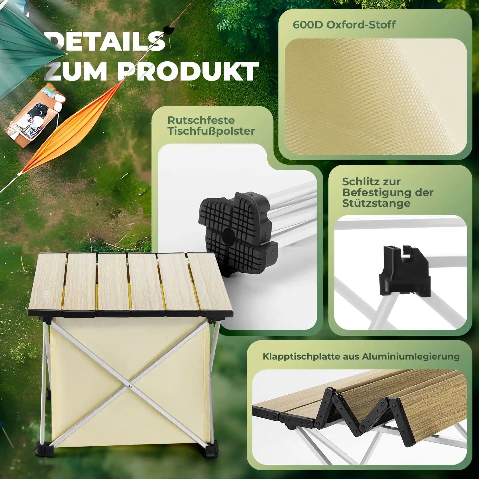 campingtisch mit 600d oxford-stoff, gummifüßen und aluminiumrahmen