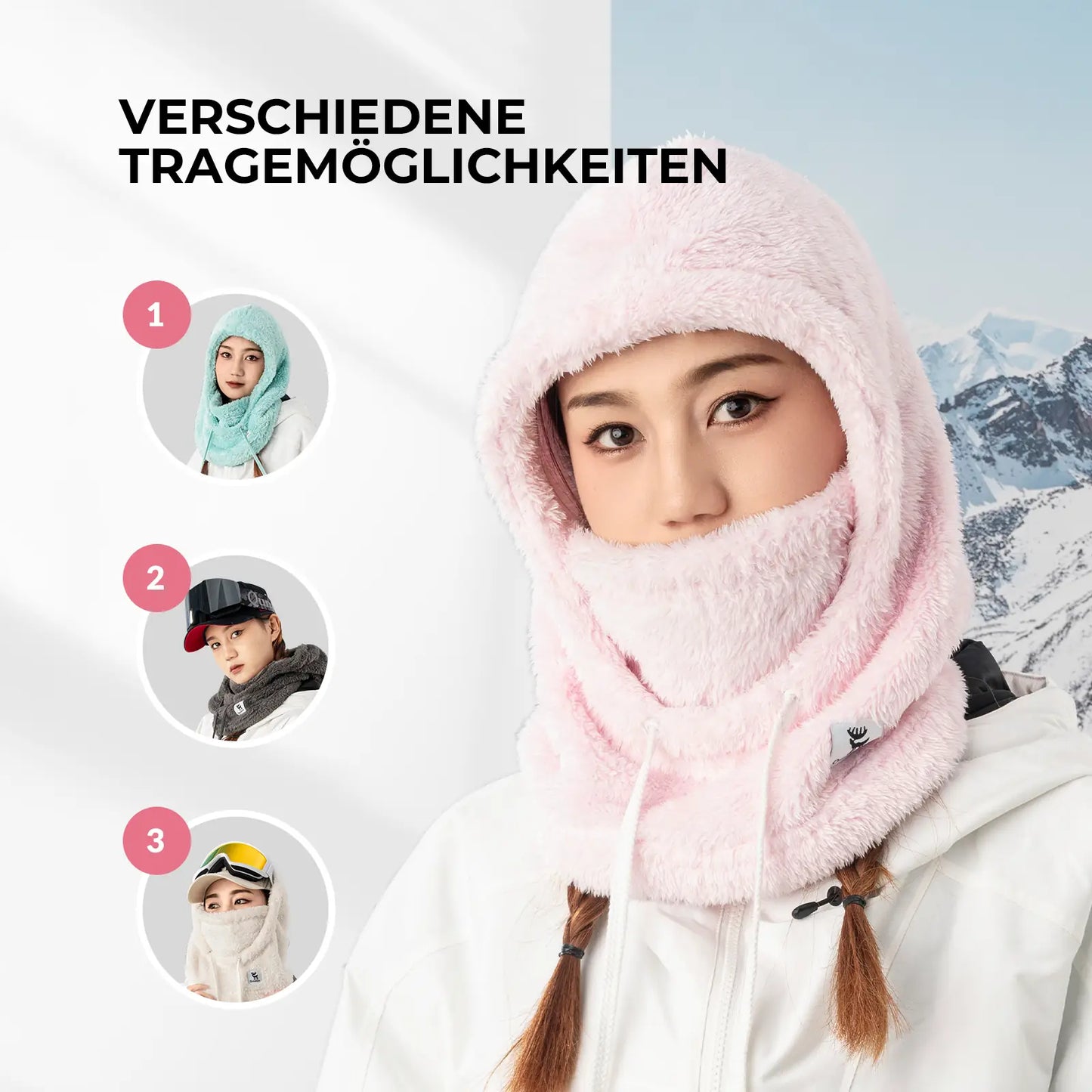 nahaufnahme einer frau mit einer weißen fleece-maske für skiaktivitäten.