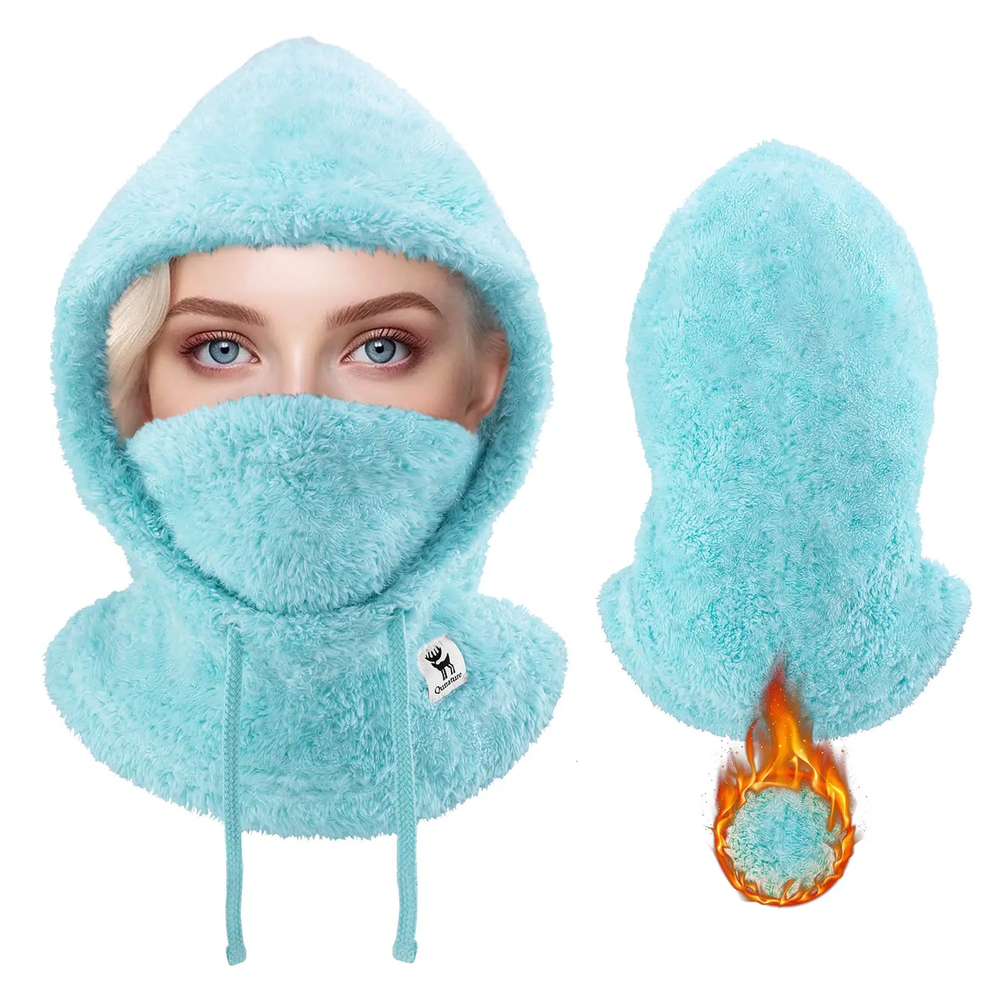 porträt einer frau mit einem weißen fleece-nackenwärmer in einer schneelandschaft.