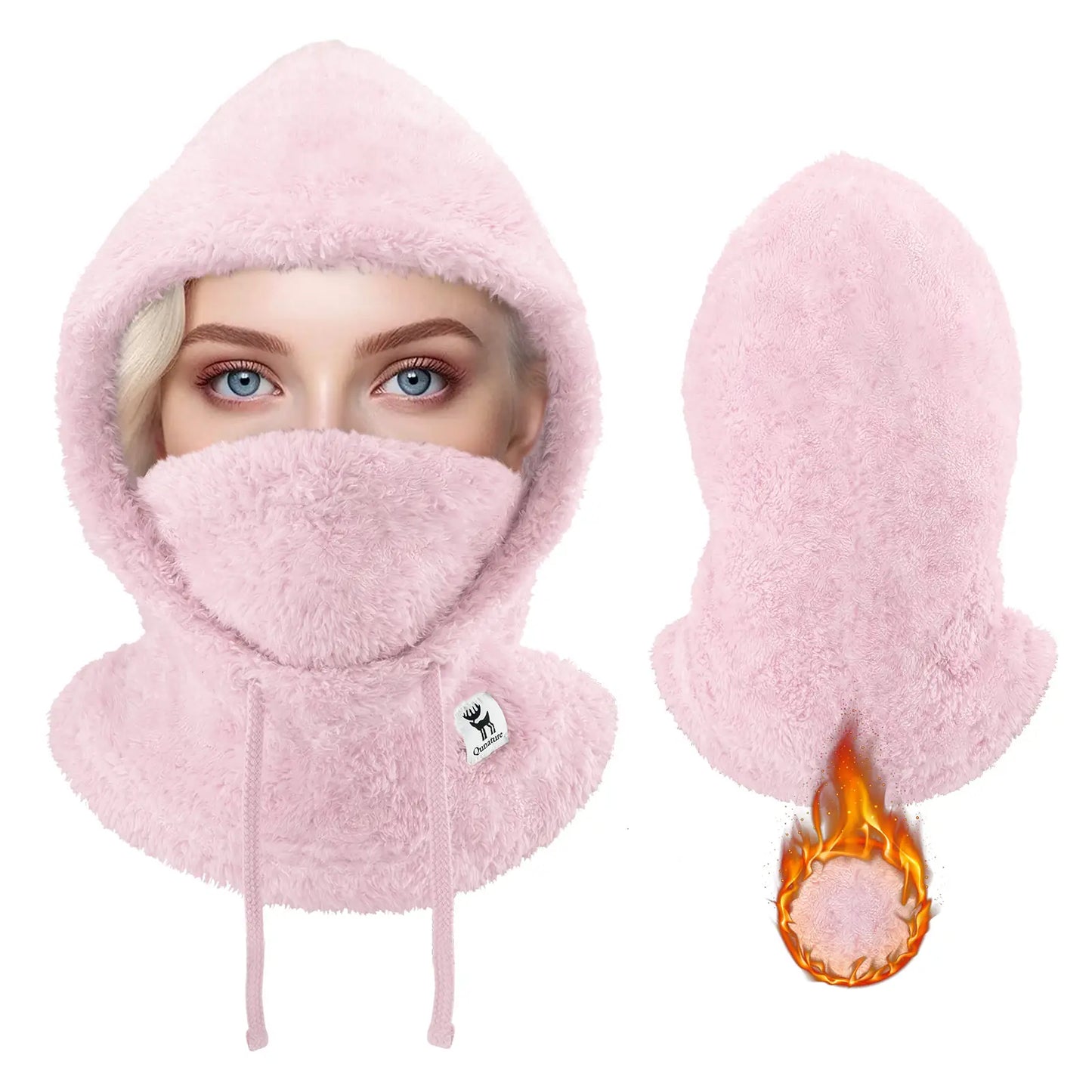 demonstration der dehnbarkeit des weißen fleece-materials mit den händen.